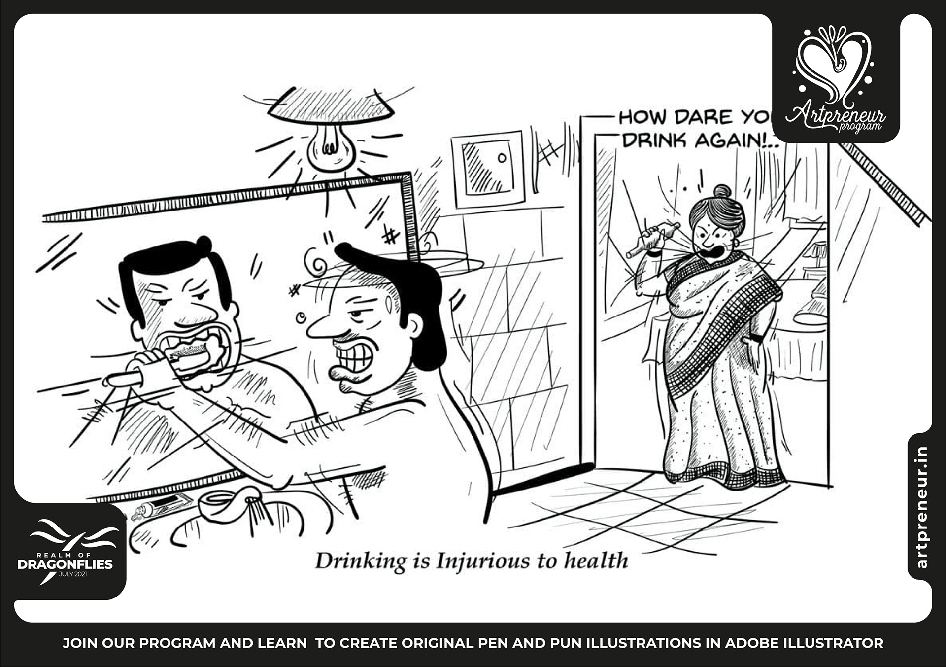 30 pen and pun comic cartoon illustrations: #8 "Drinking is injurious to health" scene
