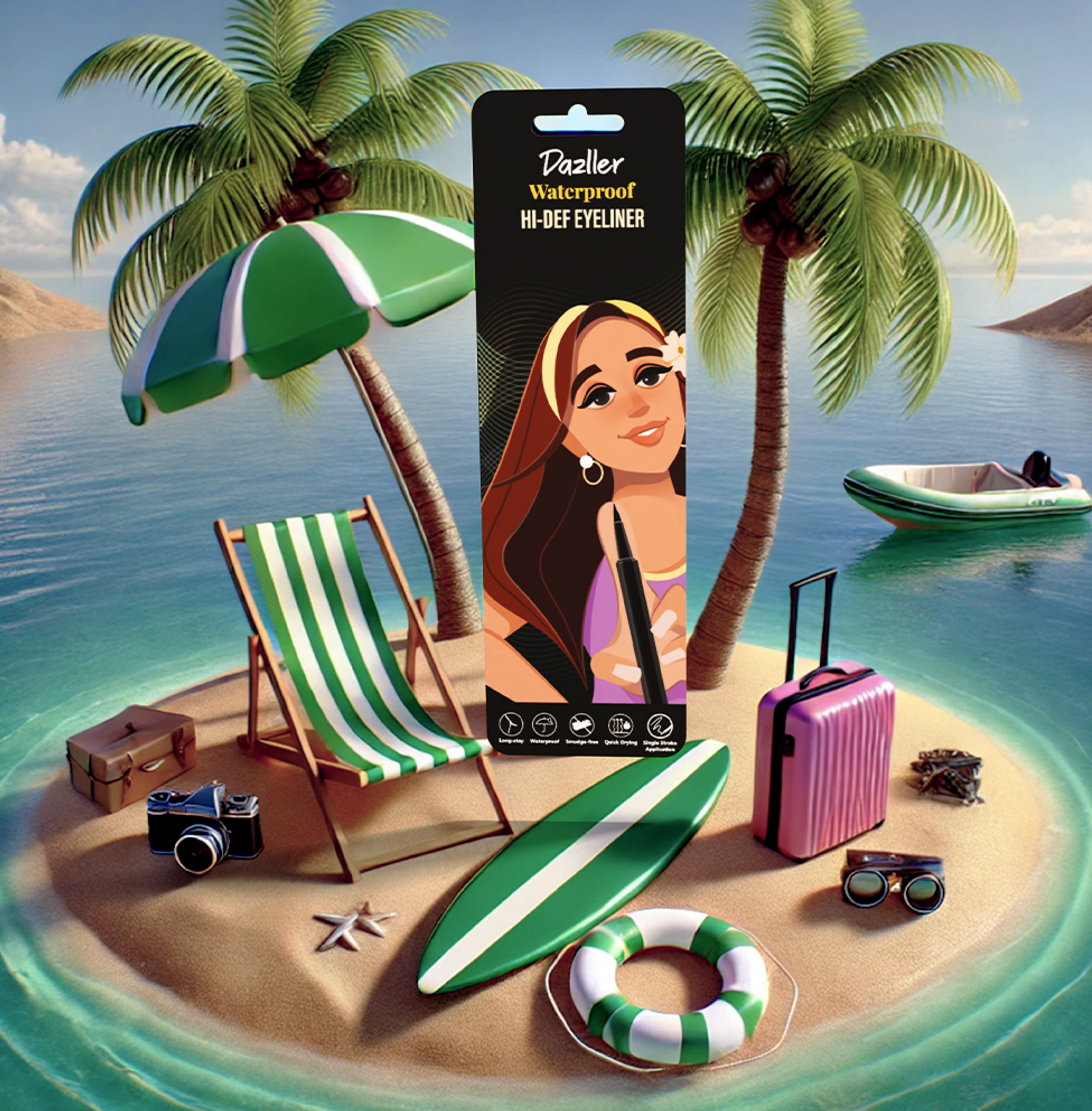 Dazller Hi-Def waterproof eyeliner packaging: eyeliner pack on a tropical island scene