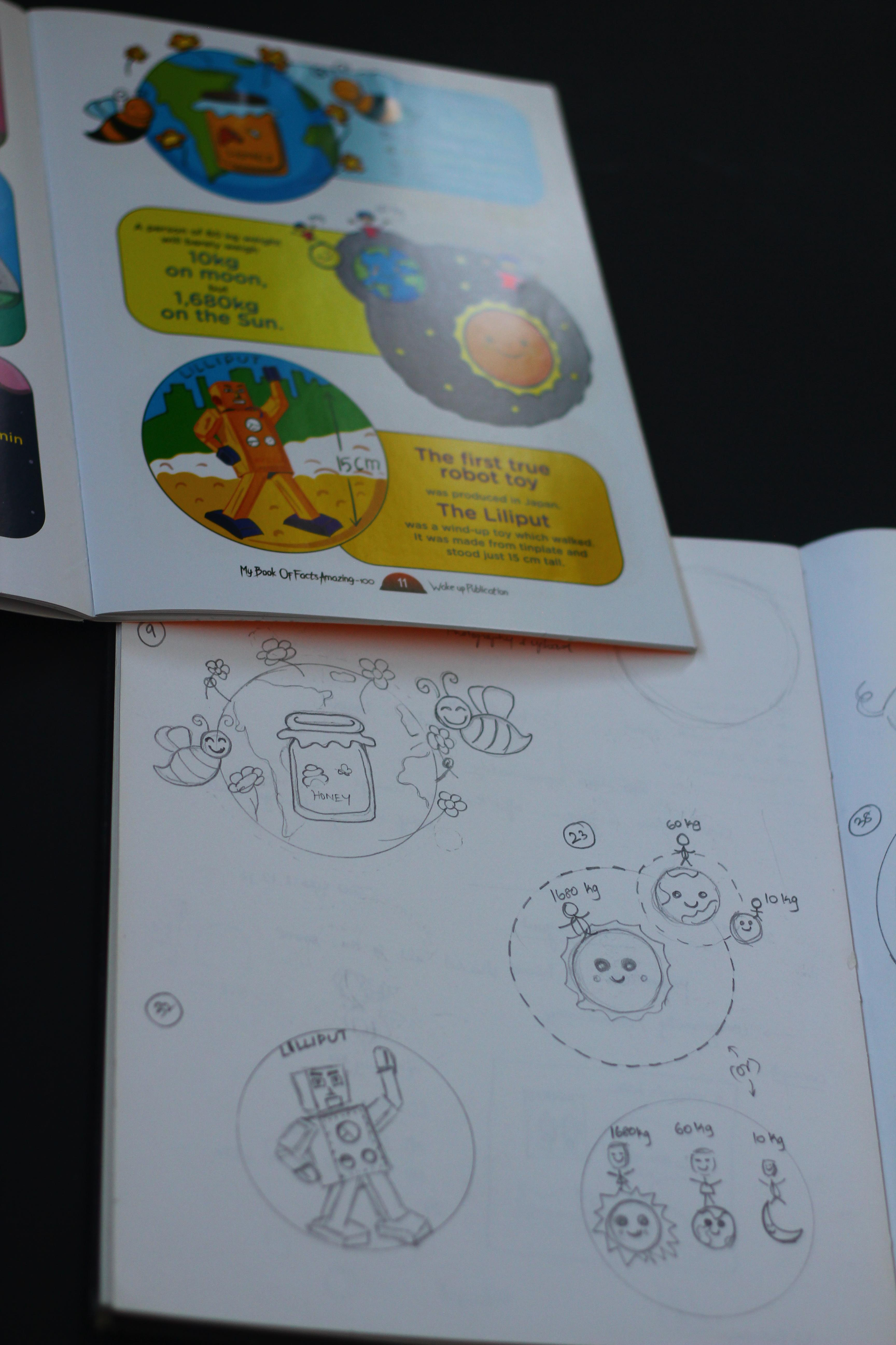 My Book of Facts, 100 amazing facts, pen to press: printed pages over the pencil sketches