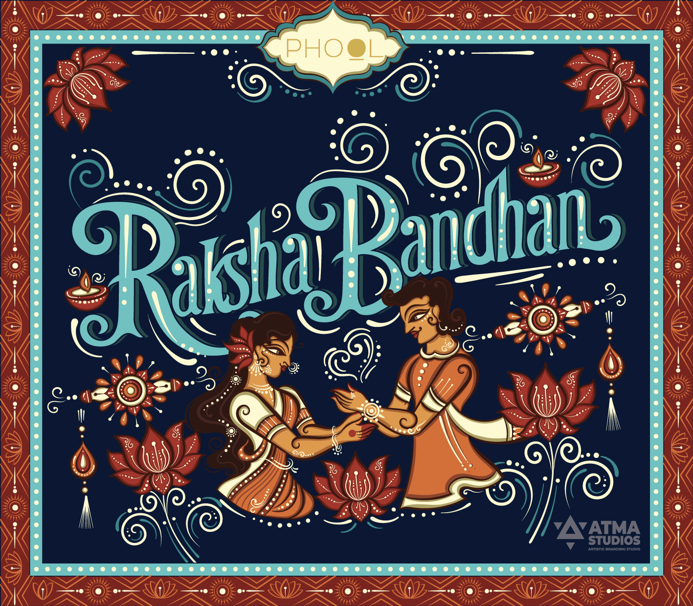Phool Raksha Bandhan gift box packaging: final illustration of a sister tying a rakhi with Raksha Bandhan lettering