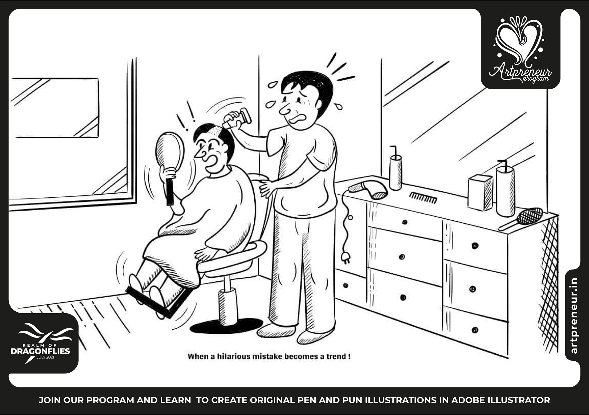 30 pen and pun comic cartoon illustrations: #11 Barber and customer