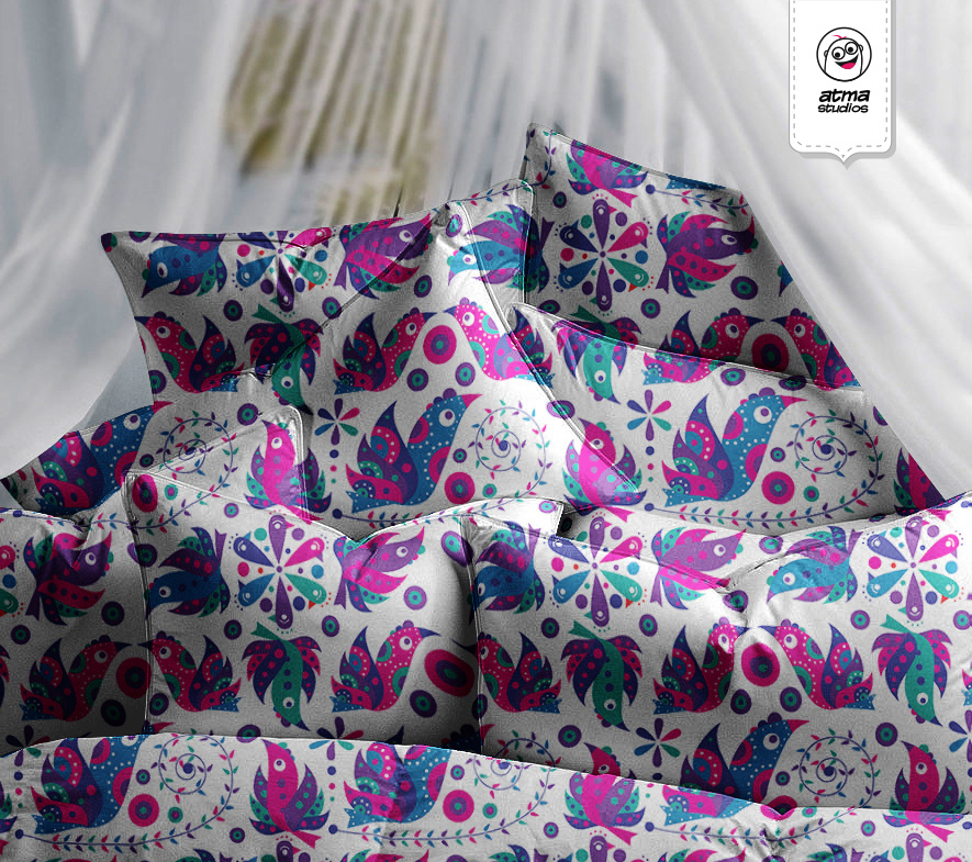 Bedding pattern design: bed set in the white folk birds pattern