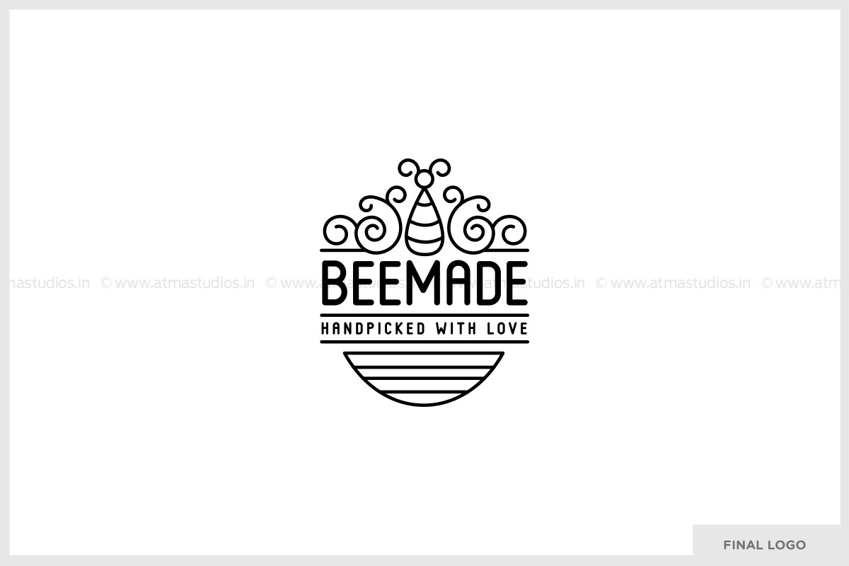 BeeMade premium Indian honey brand: final BeeMade logo with bee line art, harvested with love