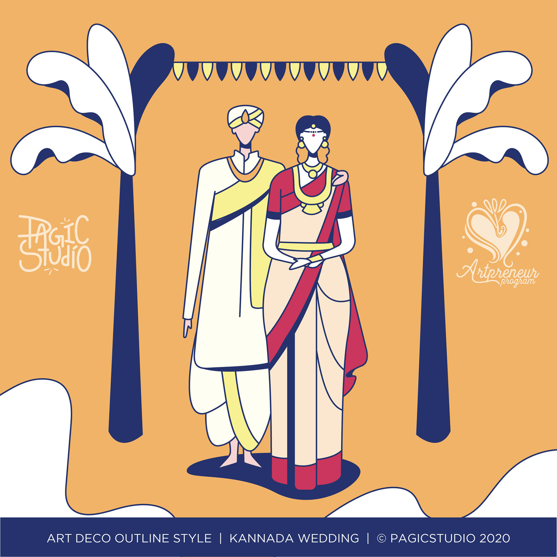 12 styles of Indian wedding couple in Art Deco outline: #4 Kannada wedding couple