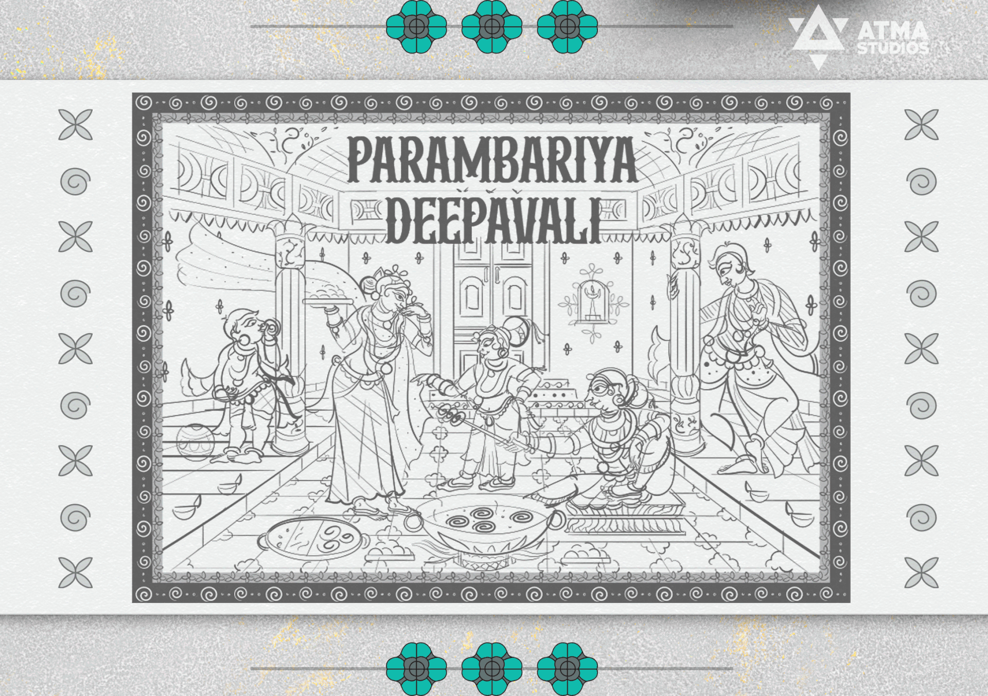 Peridot Diwali sweet box package design: refined line sketch of Parambariya Deepavali