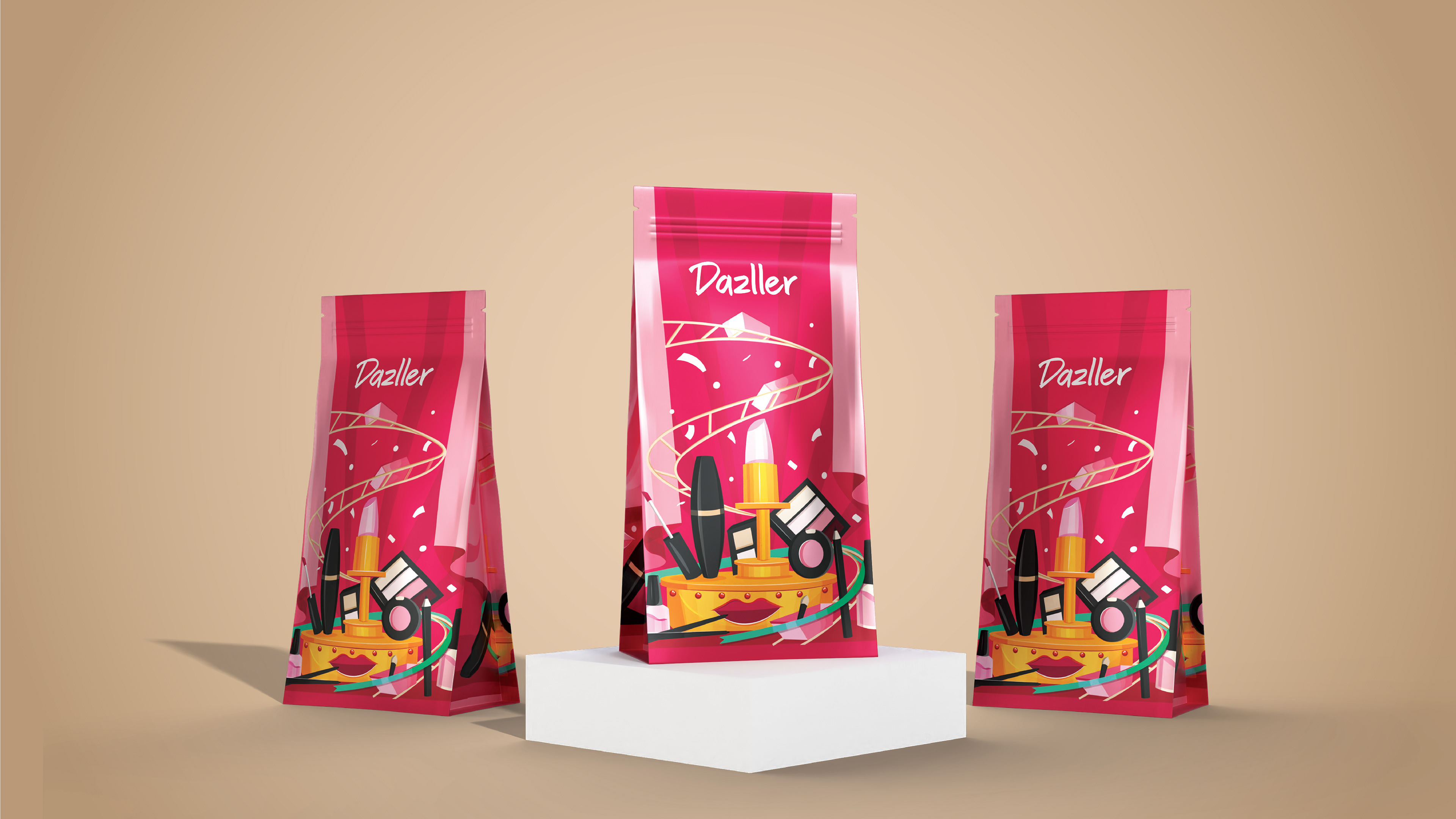 Dazller e-commerce pouch package design: three pink pouches on a white podium