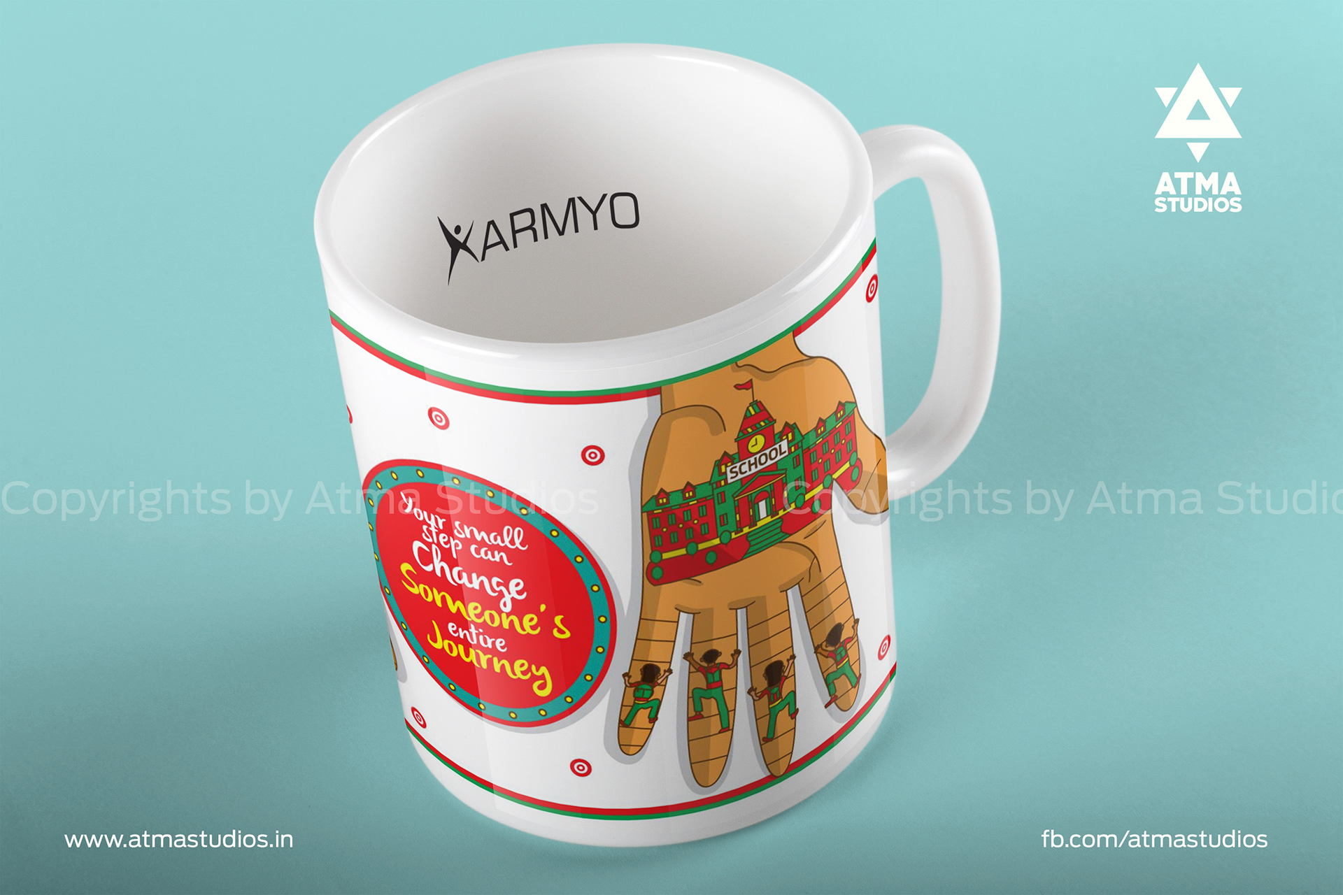 Karmyo brand merchandise: mug with the mehendi hands artwork