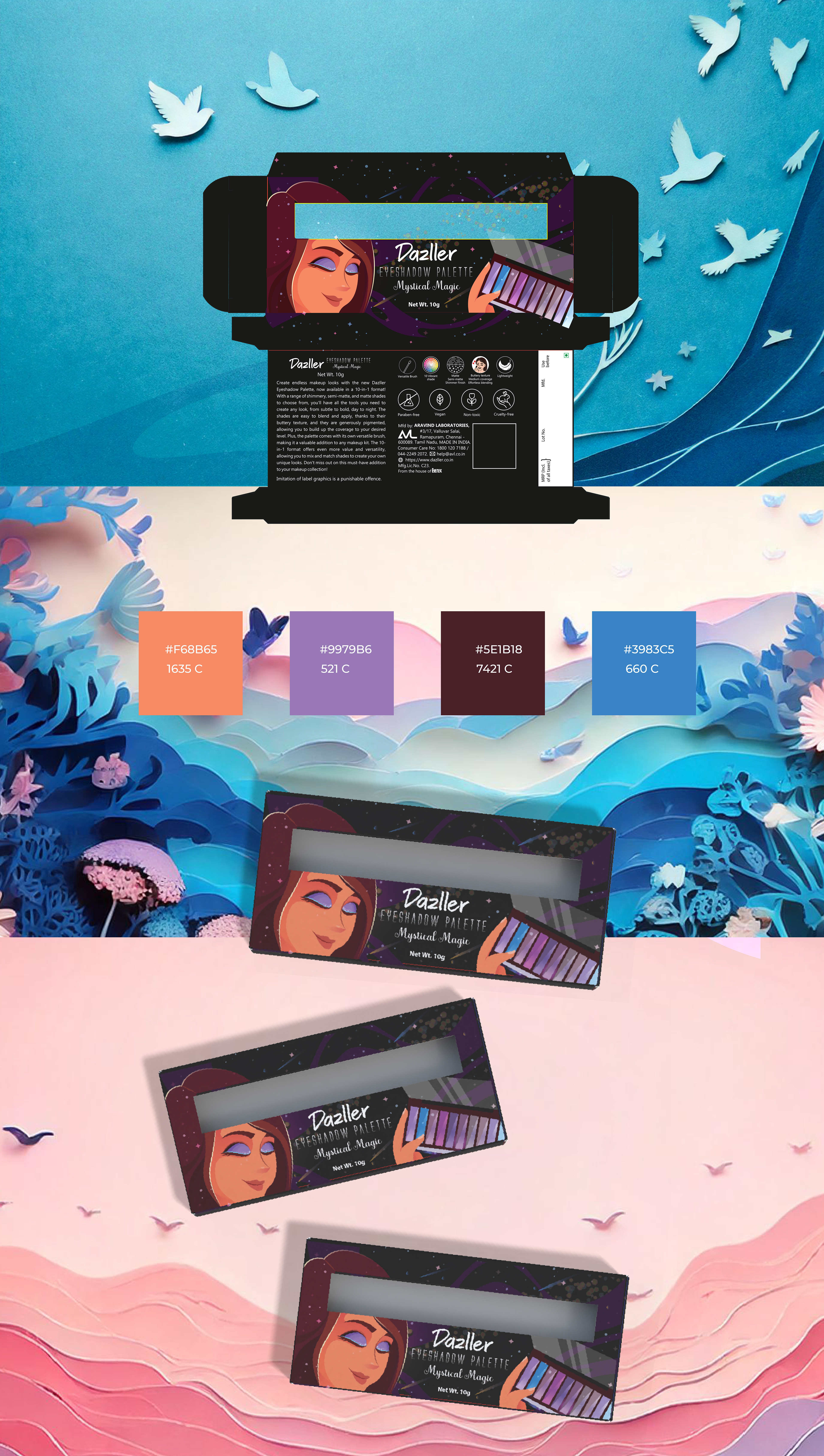 Dazller eyeshadow palette package design: palette carton dieline, colour palette and box variants on paper-cut scenes