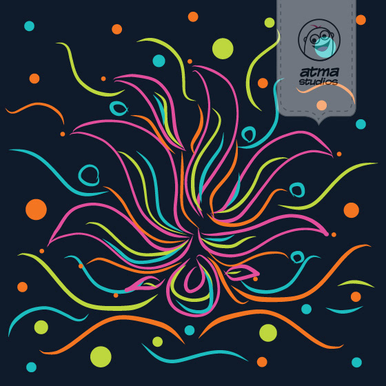 Bedding pattern design: neon swirl burst motif on black