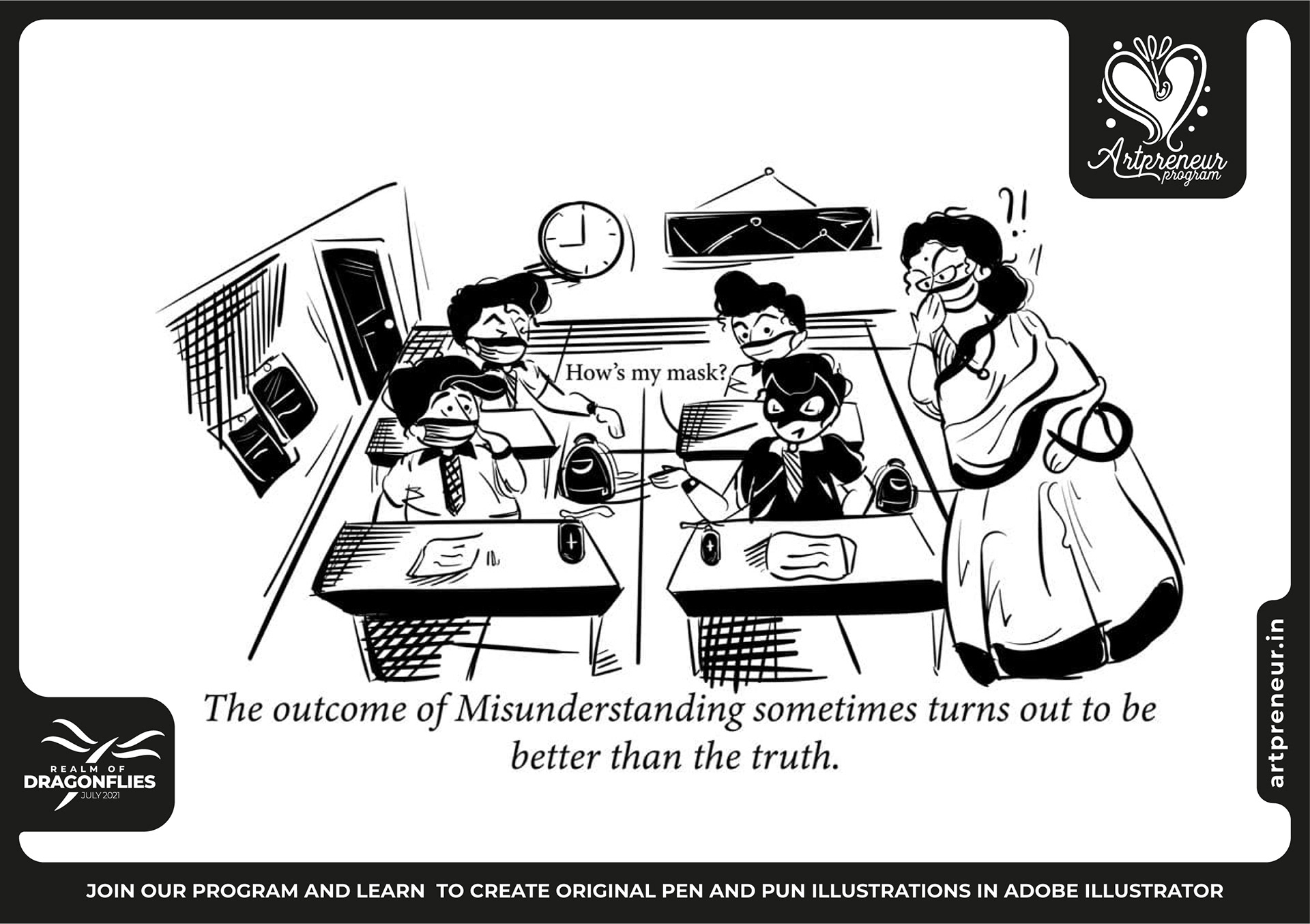 30 pen and pun comic cartoon illustrations: #29 "Misunderstanding" office gag