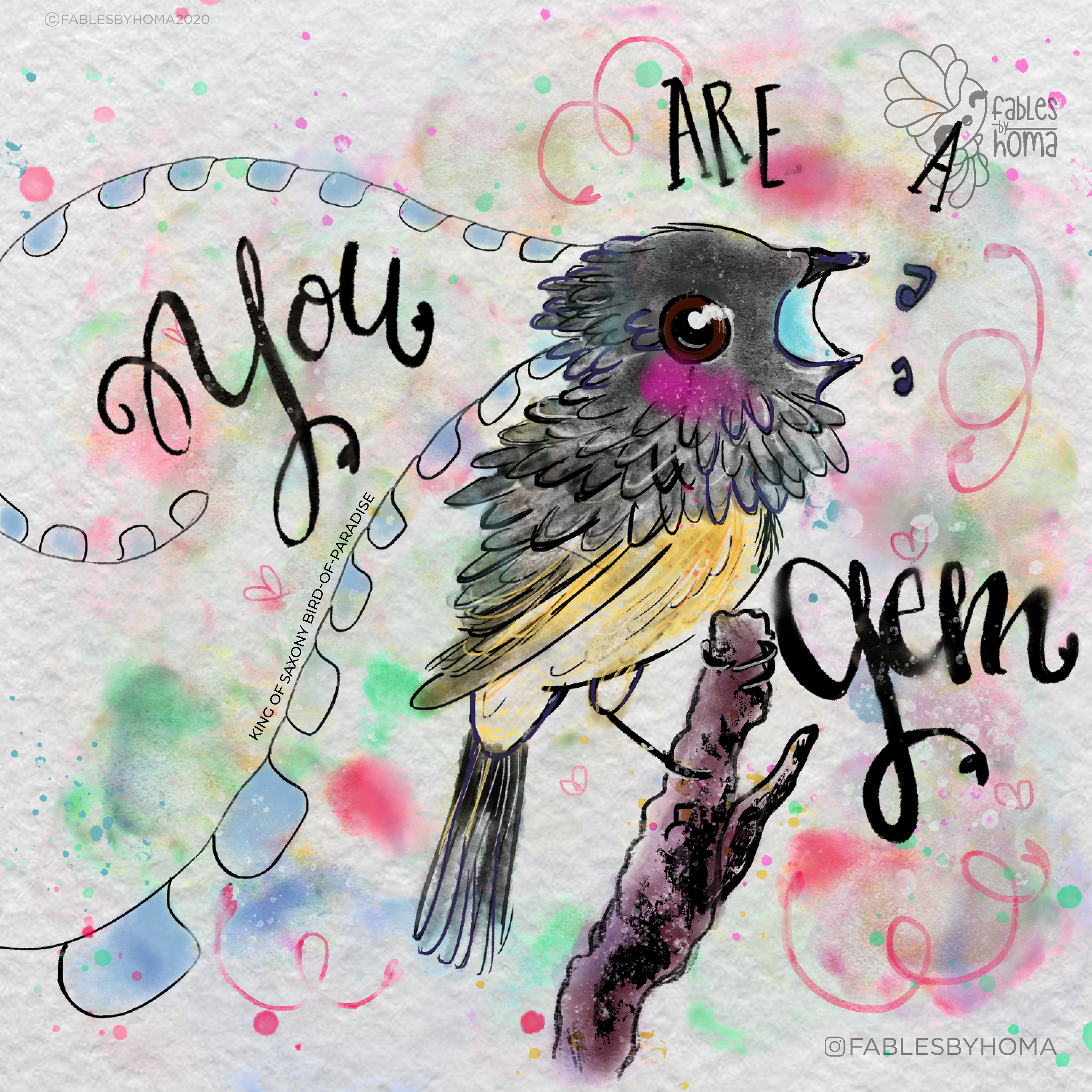 Birds of paradise watercolour illustrations: #1 "You are a gem" bird, watercolour illustration with hand lettering by Atma Studios