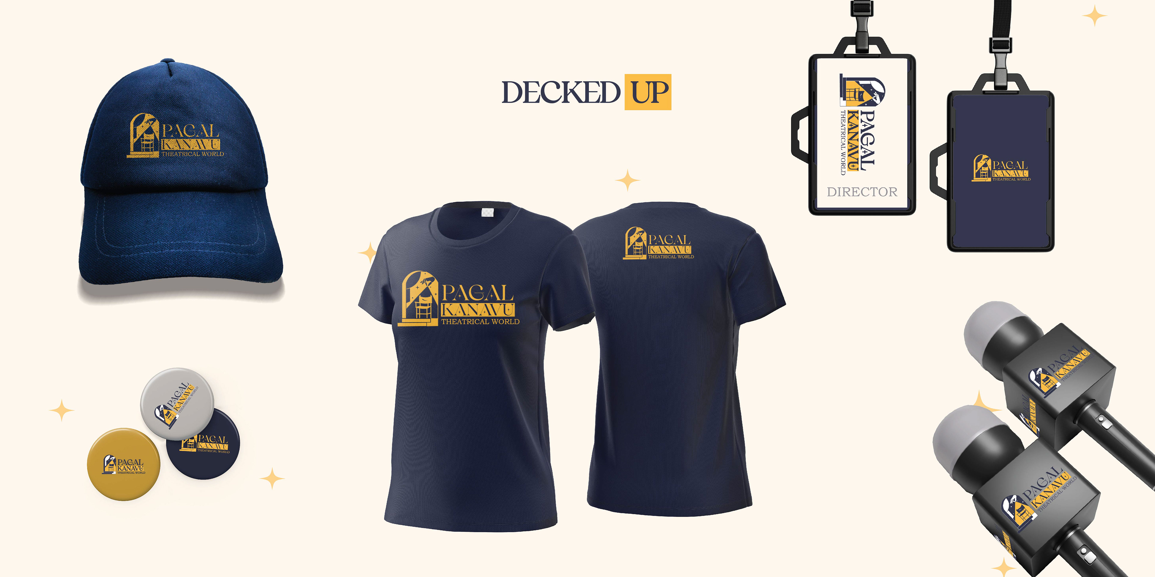 Pagal Kanavu theatre troupe brand: merchandise with cap, T-shirts, badges, ID card and microphones