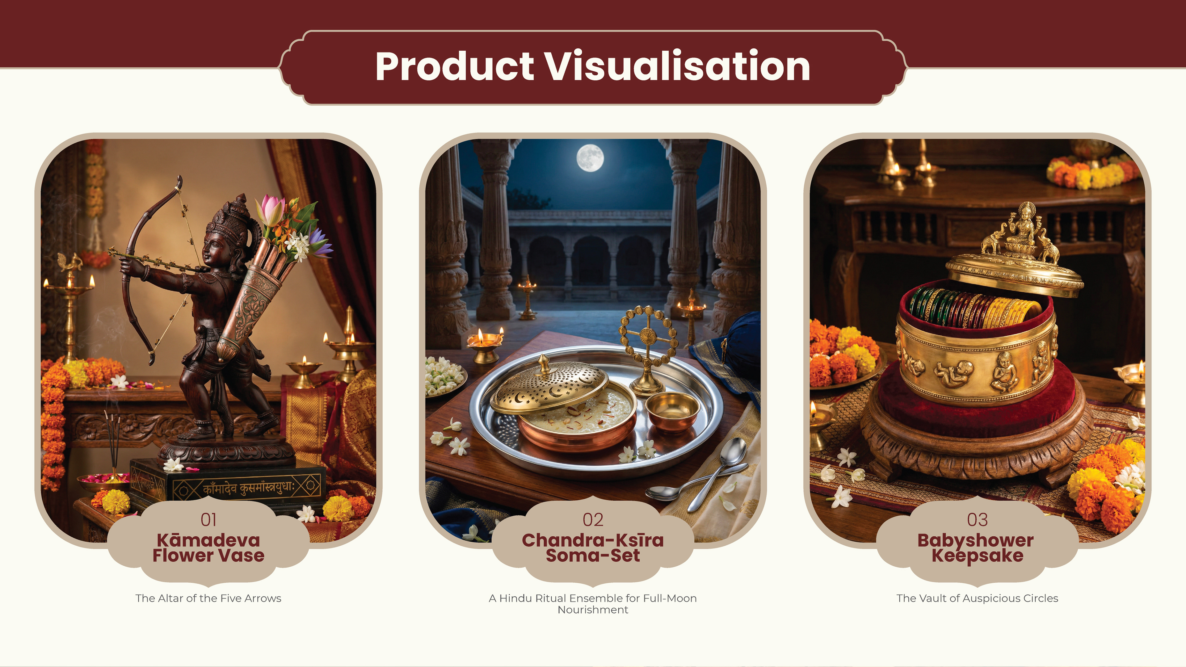 Ritualistic mindful essentials brand: product visualisation of three ritual products