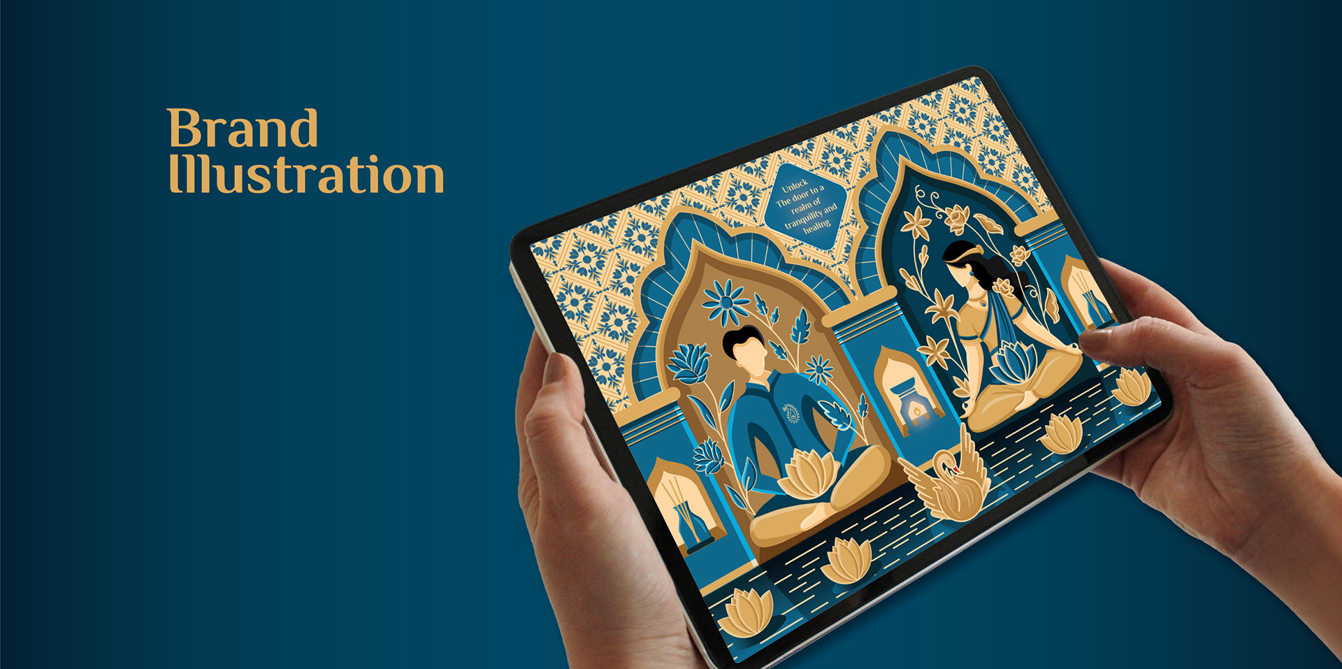 Suchiya home fragrances brand: brand illustration of an arched cityscape on a tablet