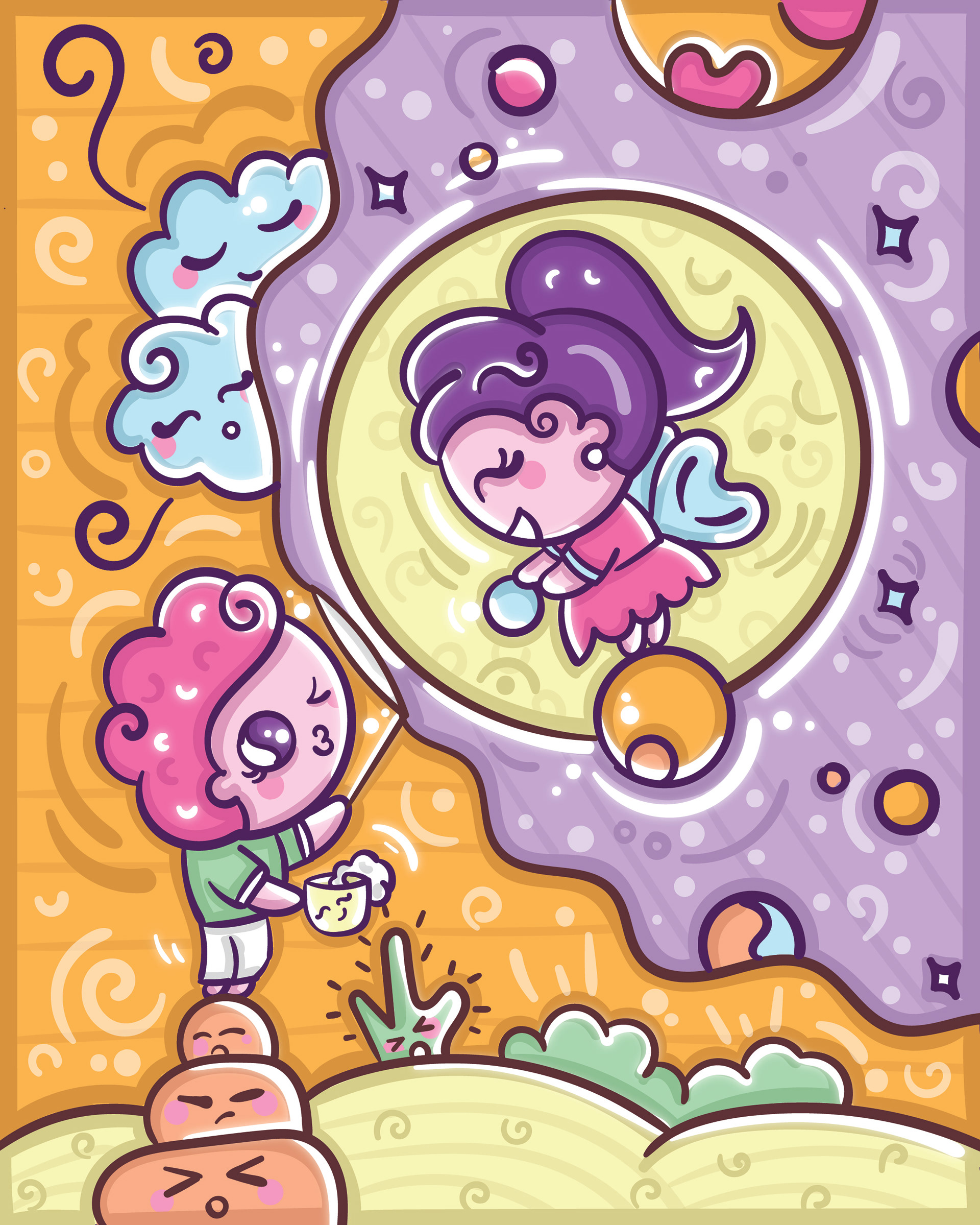 Kawaii gratitude series: pastel doodle of a child reaching for a girl inside a bubble