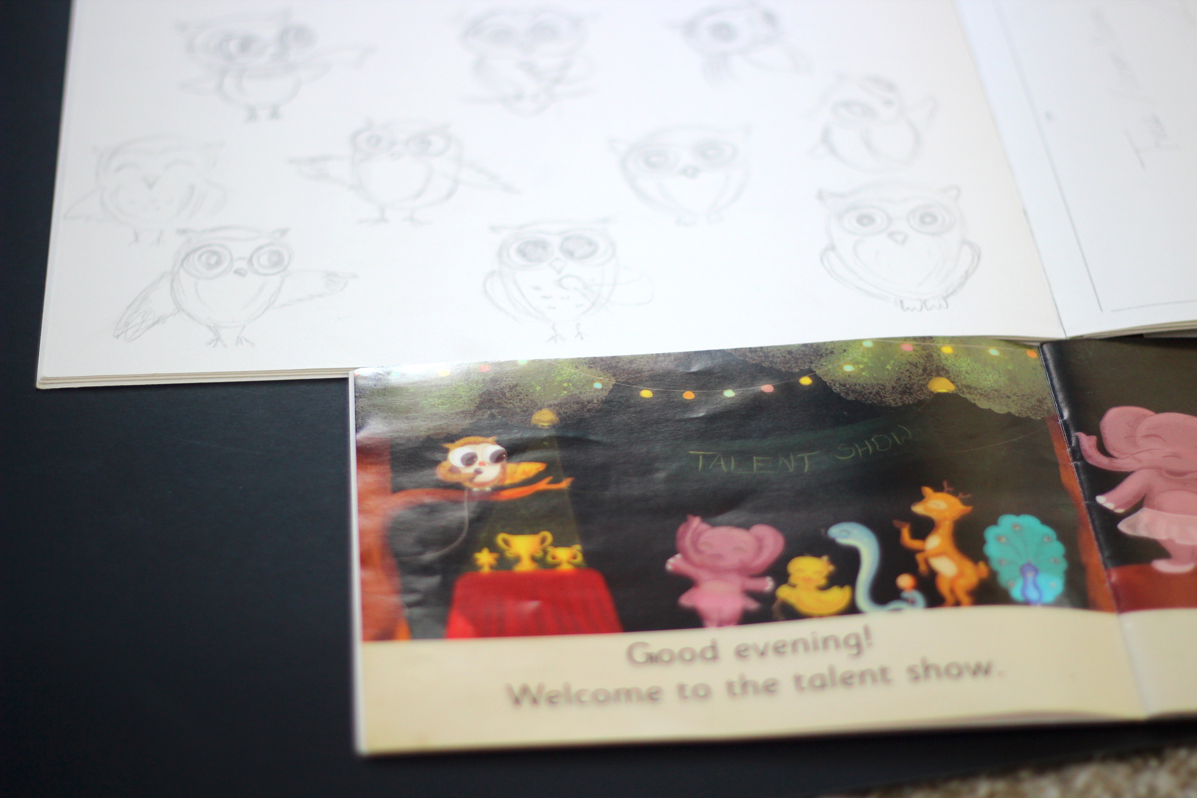 The Missing Prizes children's book: stage scene sketch with the printed spread