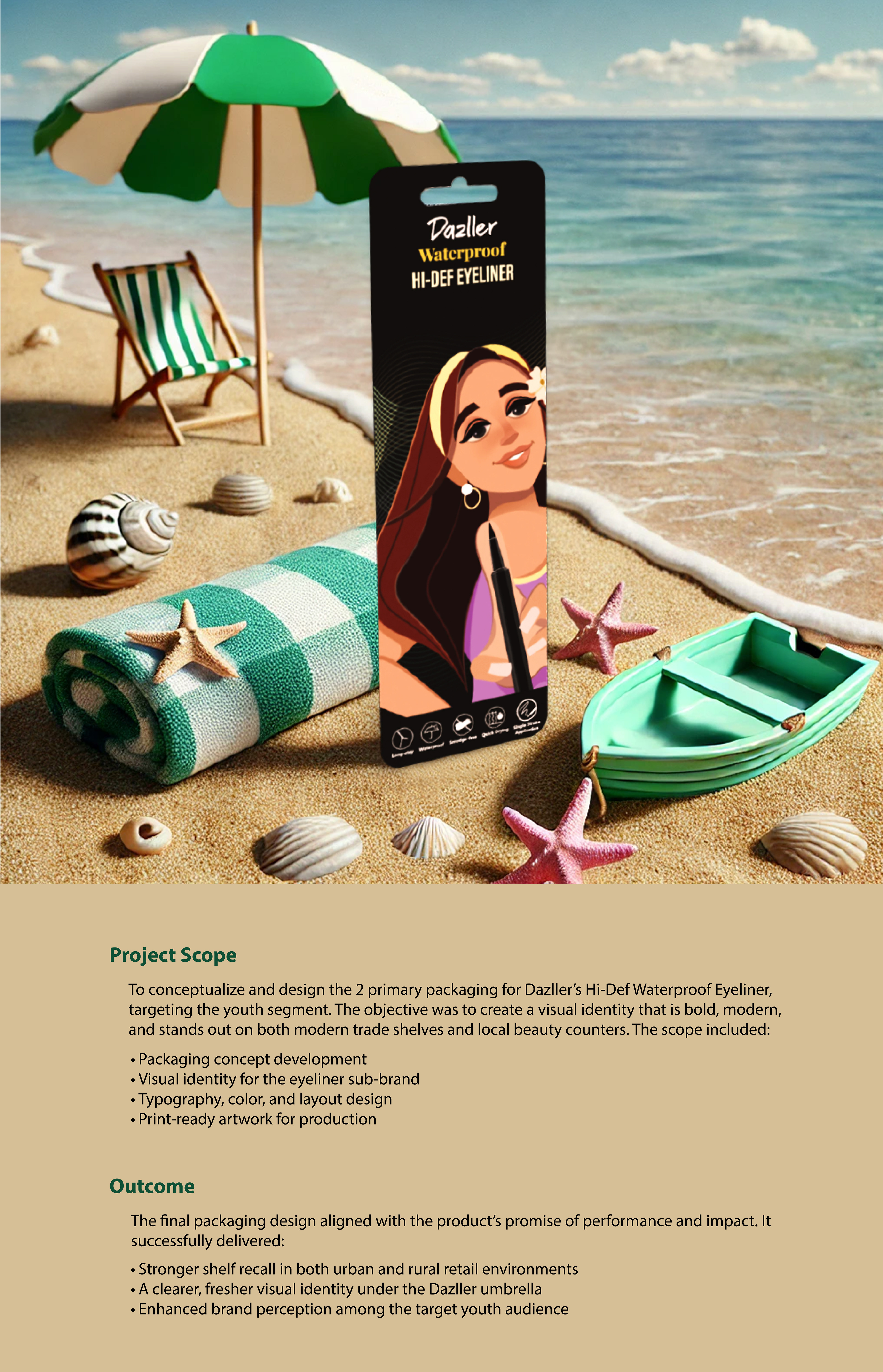 Dazller Hi-Def waterproof eyeliner packaging: illustrated eyeliner pack on a beach with project scope, package design by Atma Studios