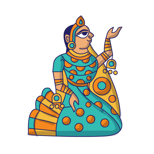 Kesar sweet shop space branding in Phad painting style: Phad character: a seated woman with raised hand
