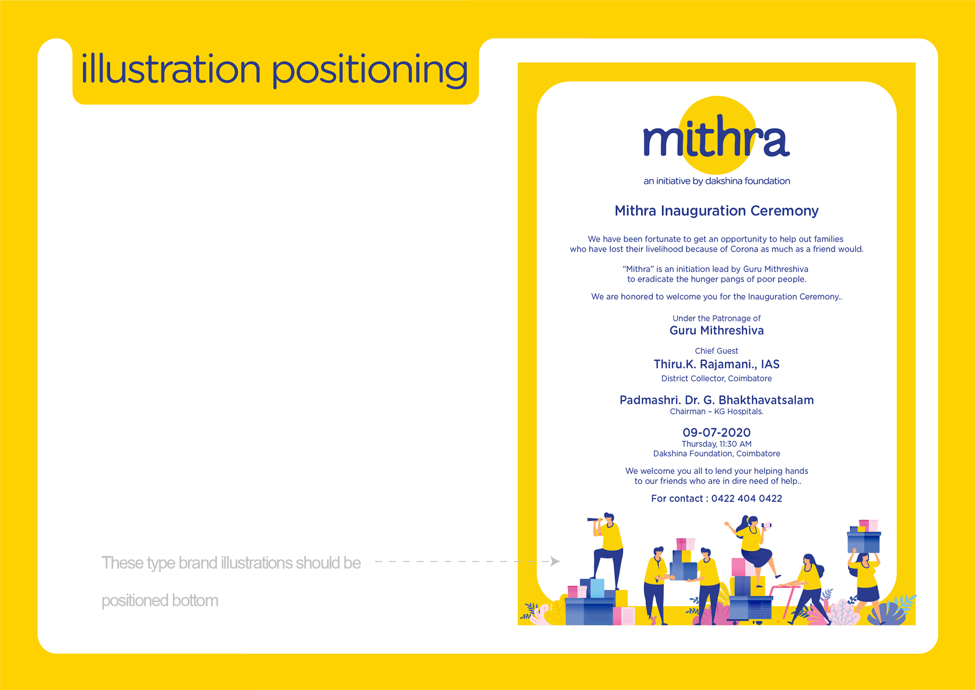 Mithra donation platform brand guidelines: illustration positioning on an inauguration invitation