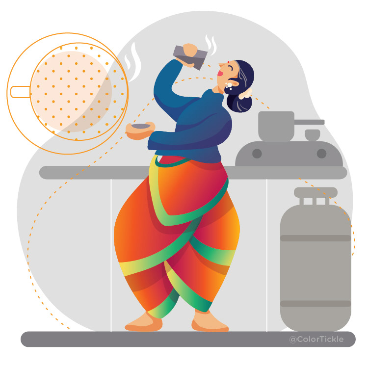 Winter in Chennai illustration series: woman drinking filter coffee by a gas stove