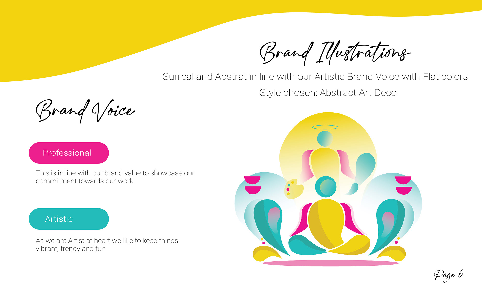 Studio Pistache brand book: brand illustrations and brand voice slide with an abstract seated figure