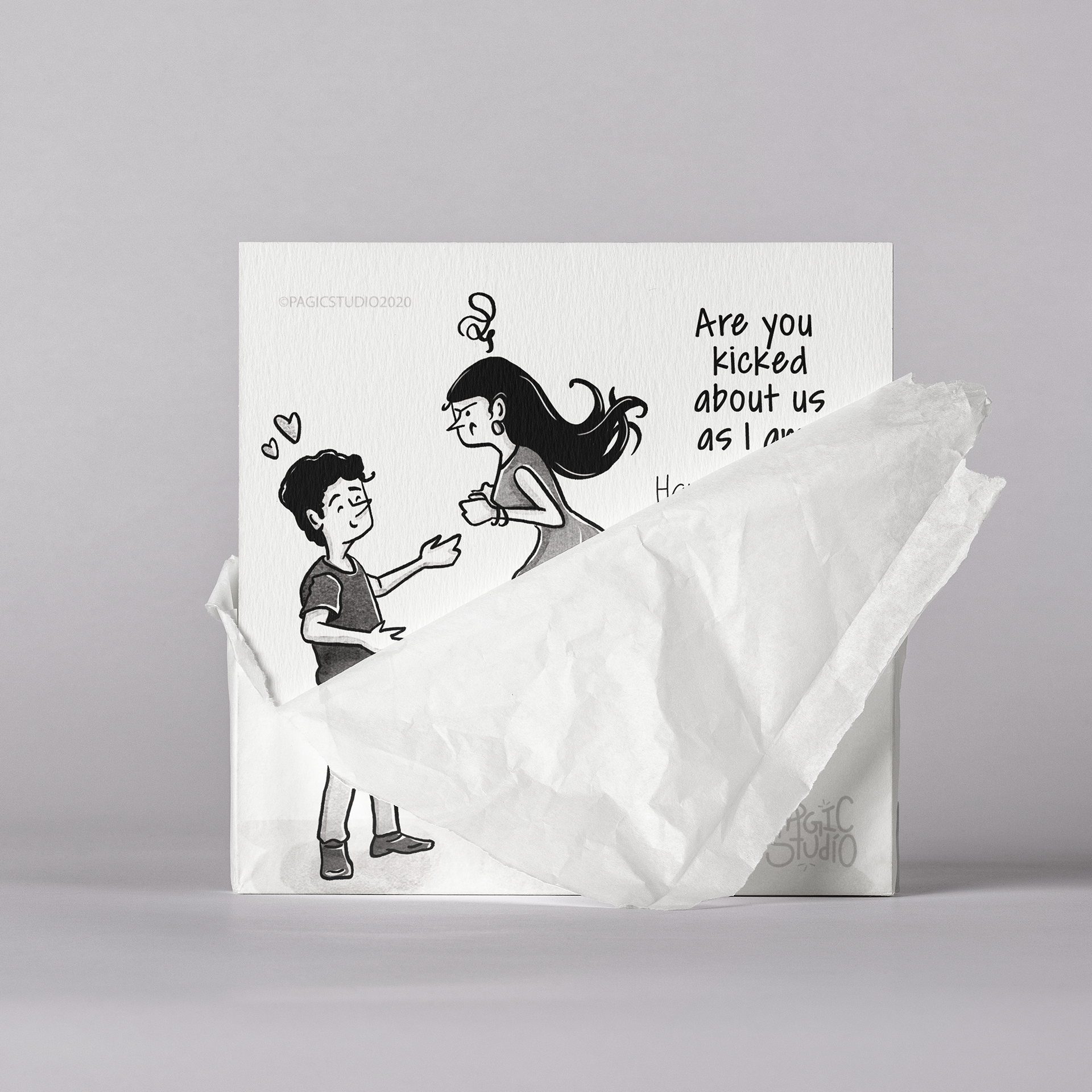 12 pun congratulatory illustrations: #3 Couple greeting card in tissue paper