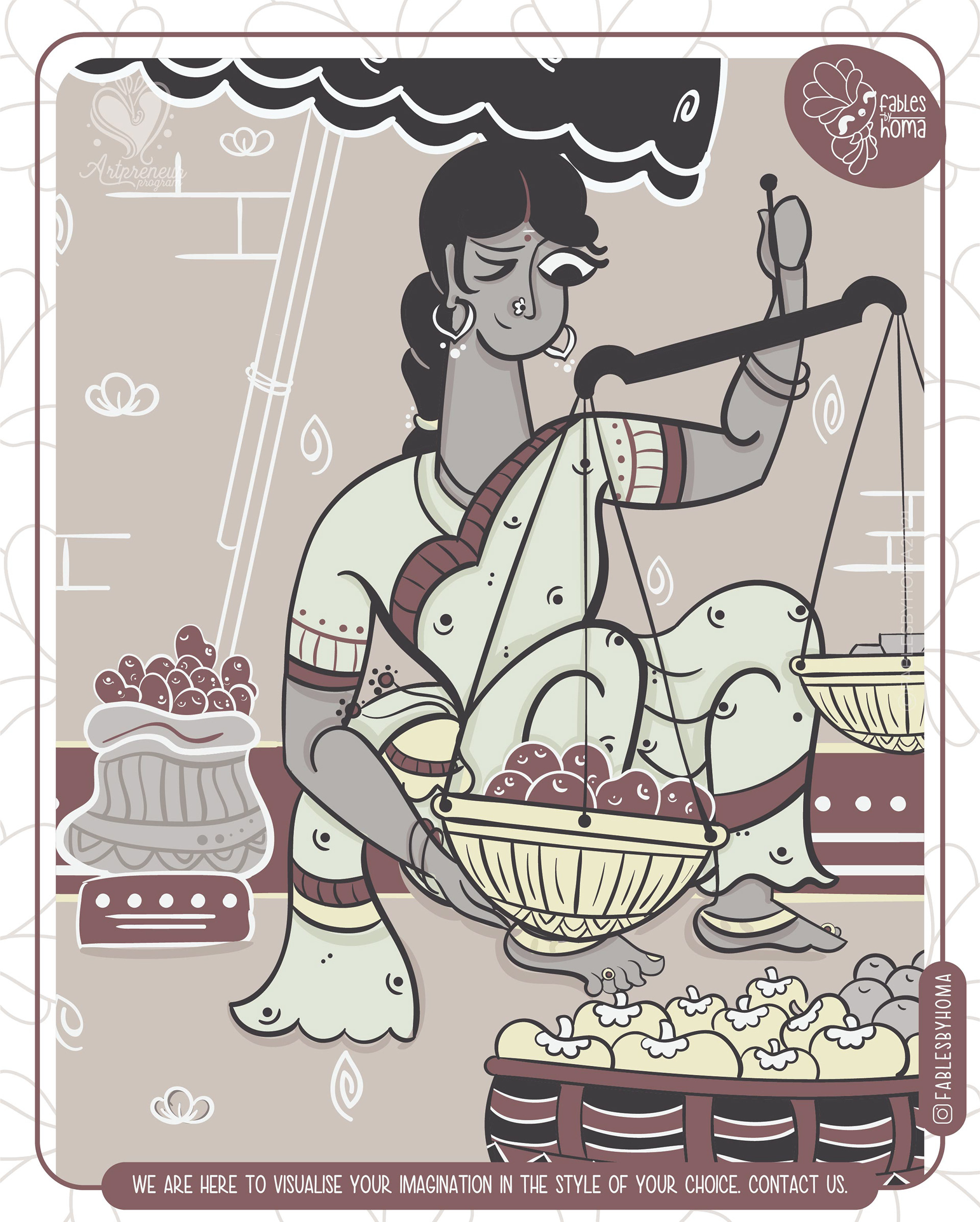 Hope edition, Bengal Pattachitra inspired everyday heroes: street vendor portrait: a woman weighing fruit with a scale