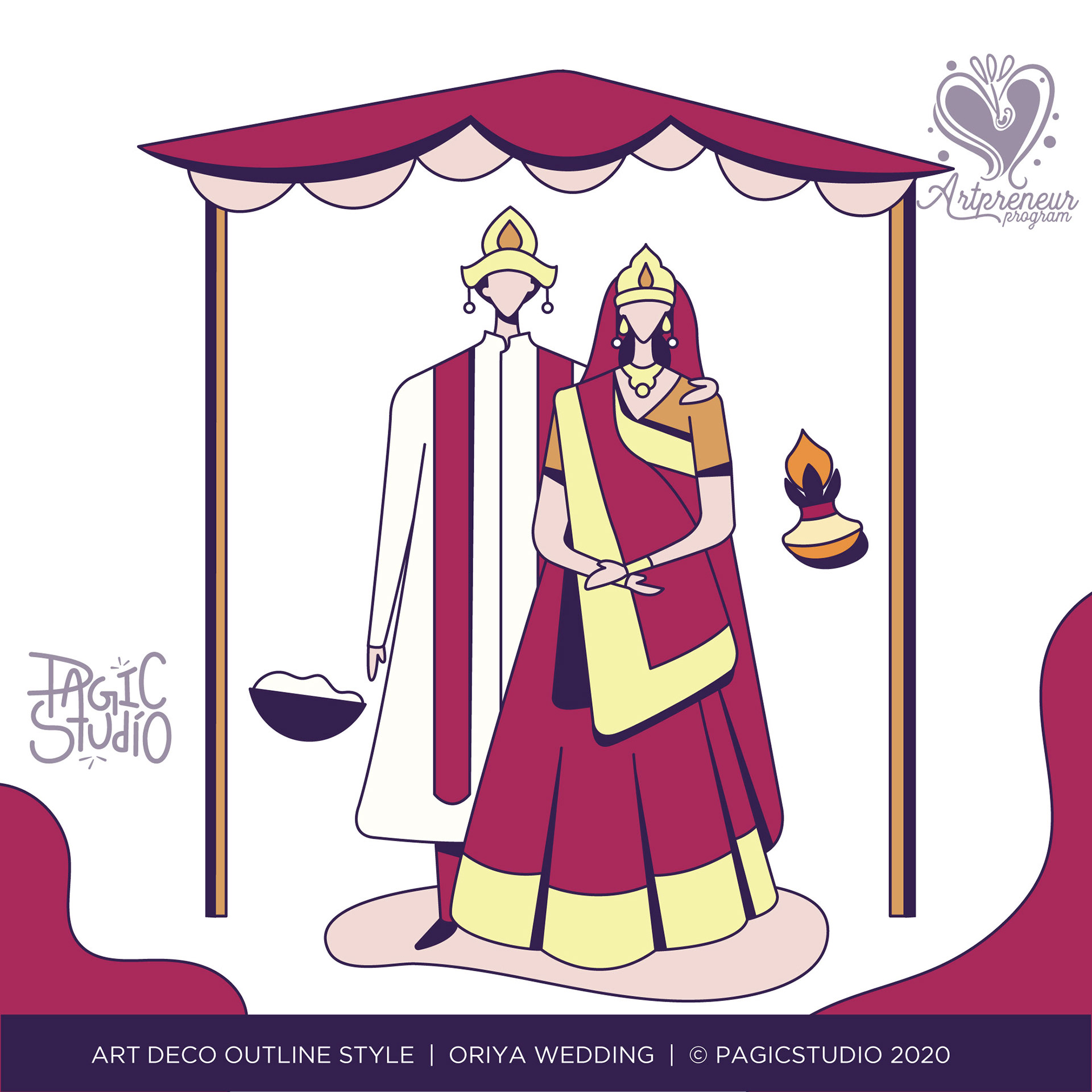 12 styles of Indian wedding couple in Art Deco outline: #7 Odia wedding couple