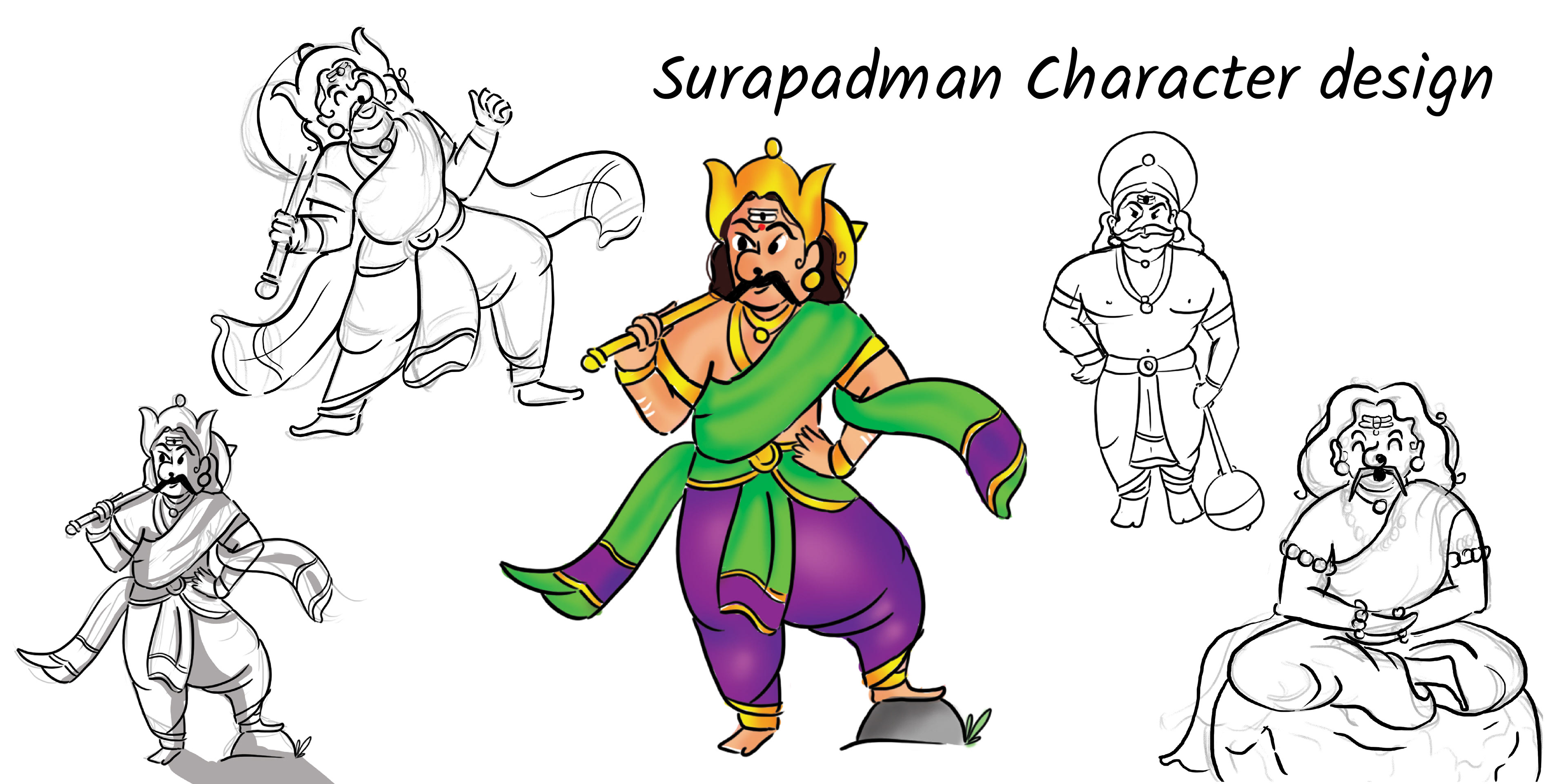 Kandha children's mythological story book on Lord Murugan: Surapadman character design sketches and colour