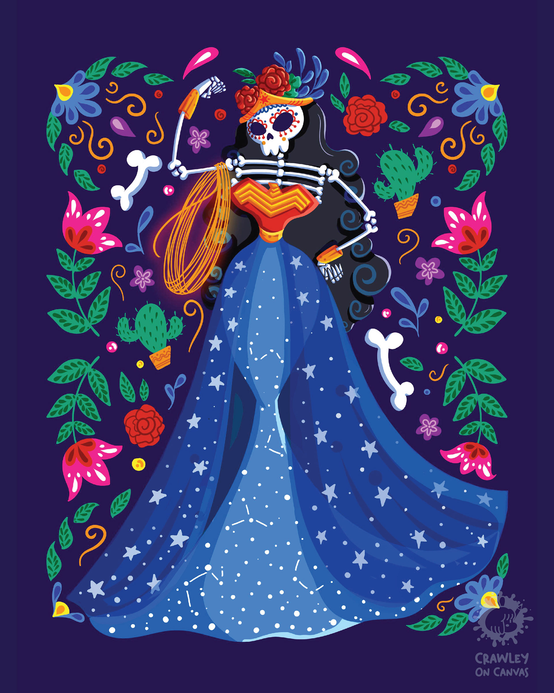 Pop culture heroines in Día de los Muertos style: #5 Heroine in a starry blue gown with a golden lasso