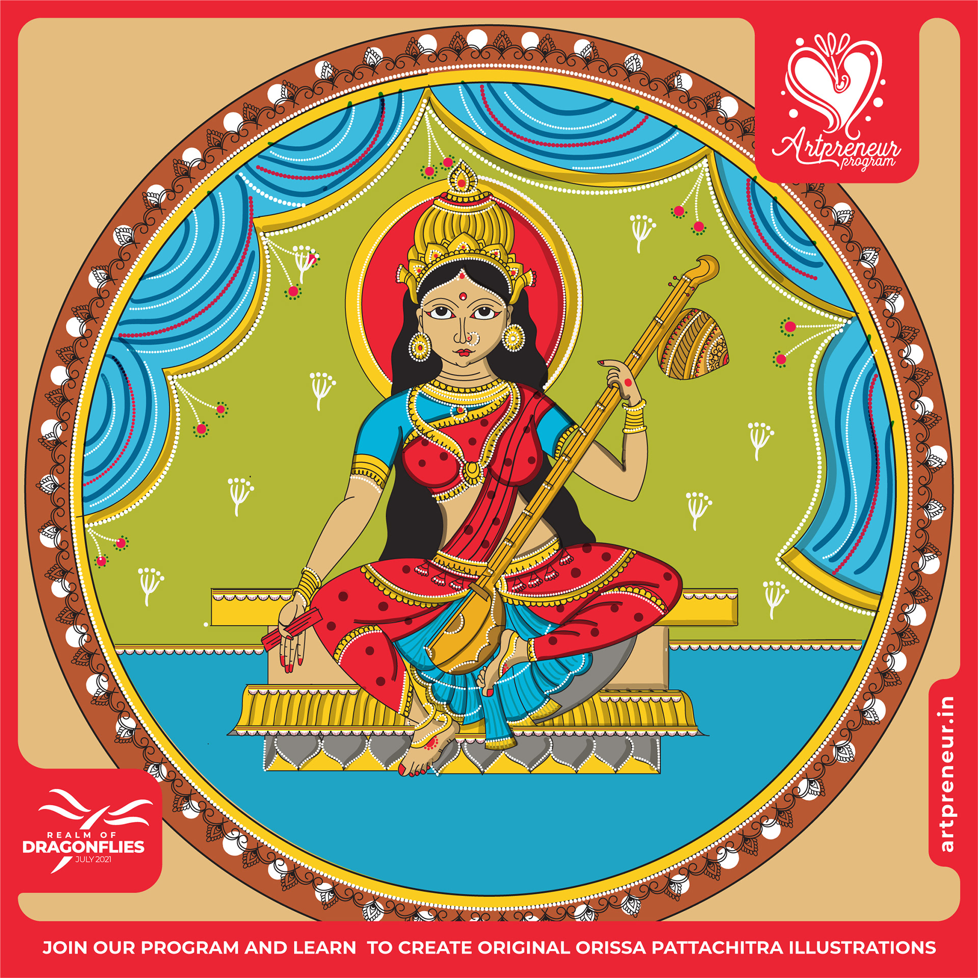 30 Orissa Pattachitra Indian folk illustrations: #31 Goddess Saraswati
