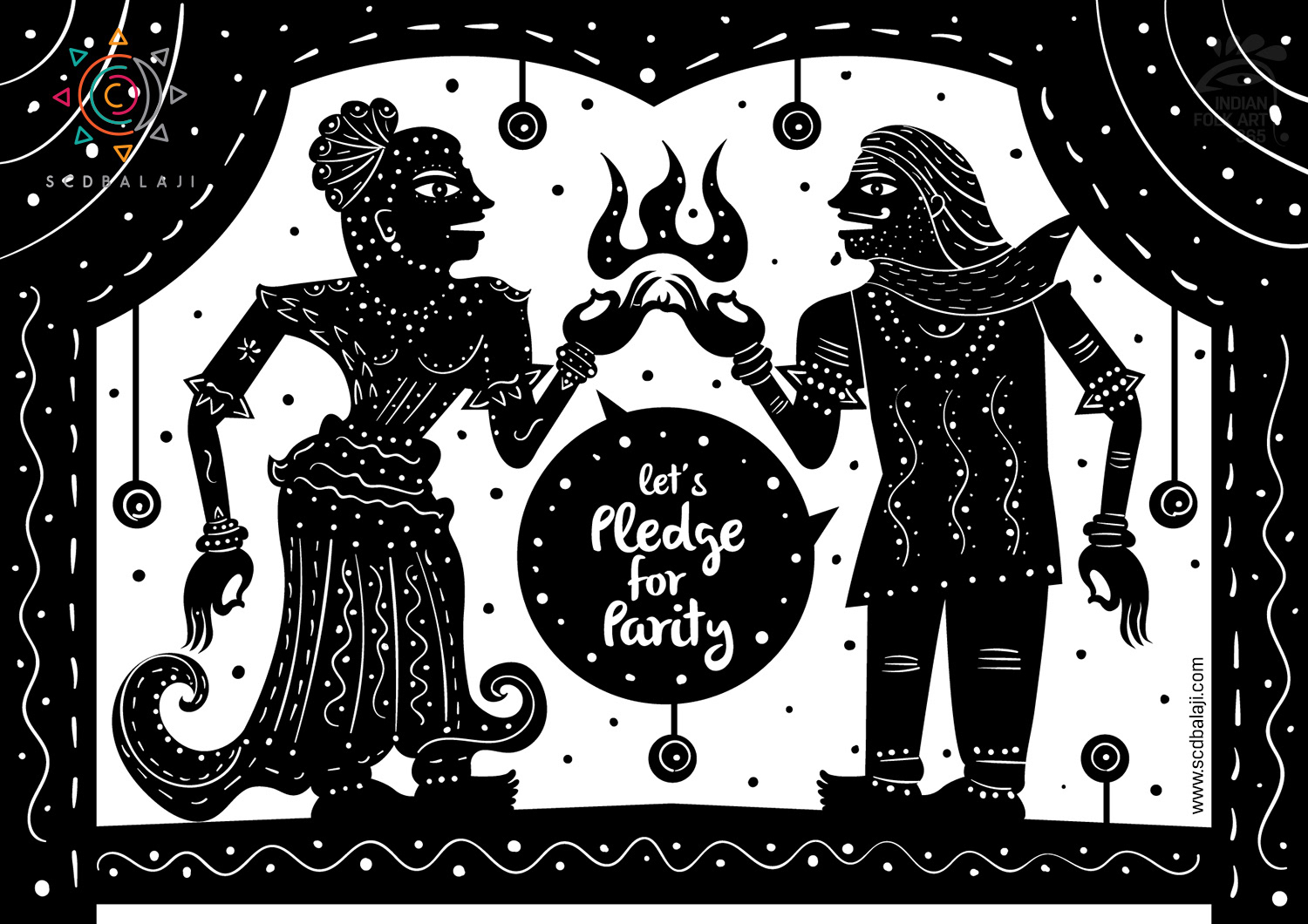 50 contemporary Indian folk art illustrations: #17 "Let’s Pledge Our Rights" shadow figures