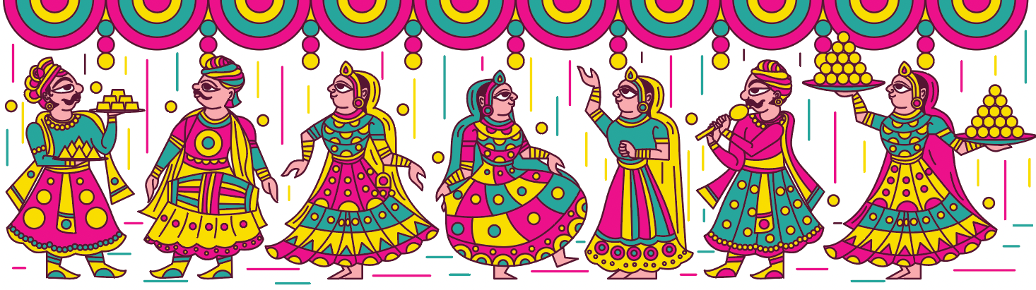 Kesar sweet shop space branding in Phad painting style: frieze of dancing figures