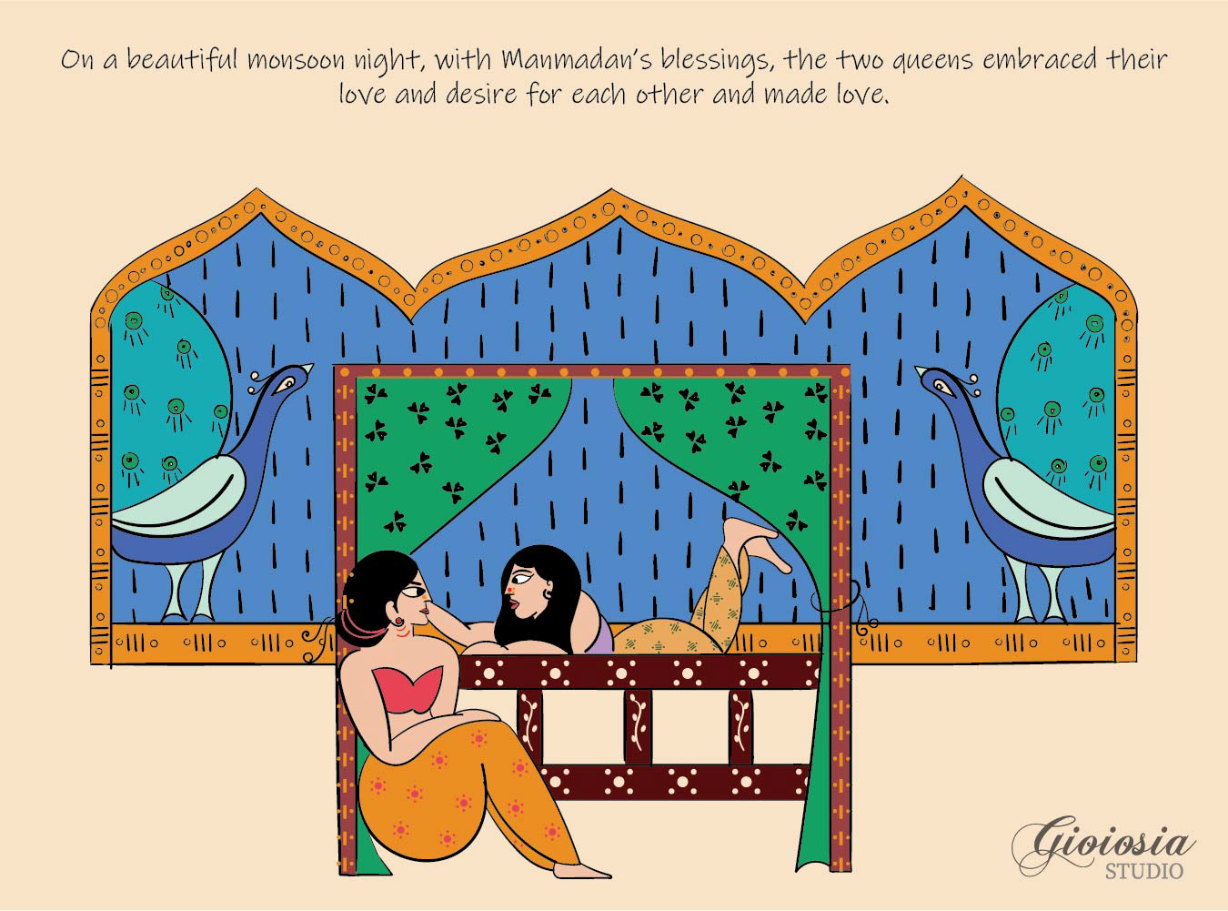The Untold Story of Bhagiratha, illustrated mythological fiction: the two queens on a balcony at night