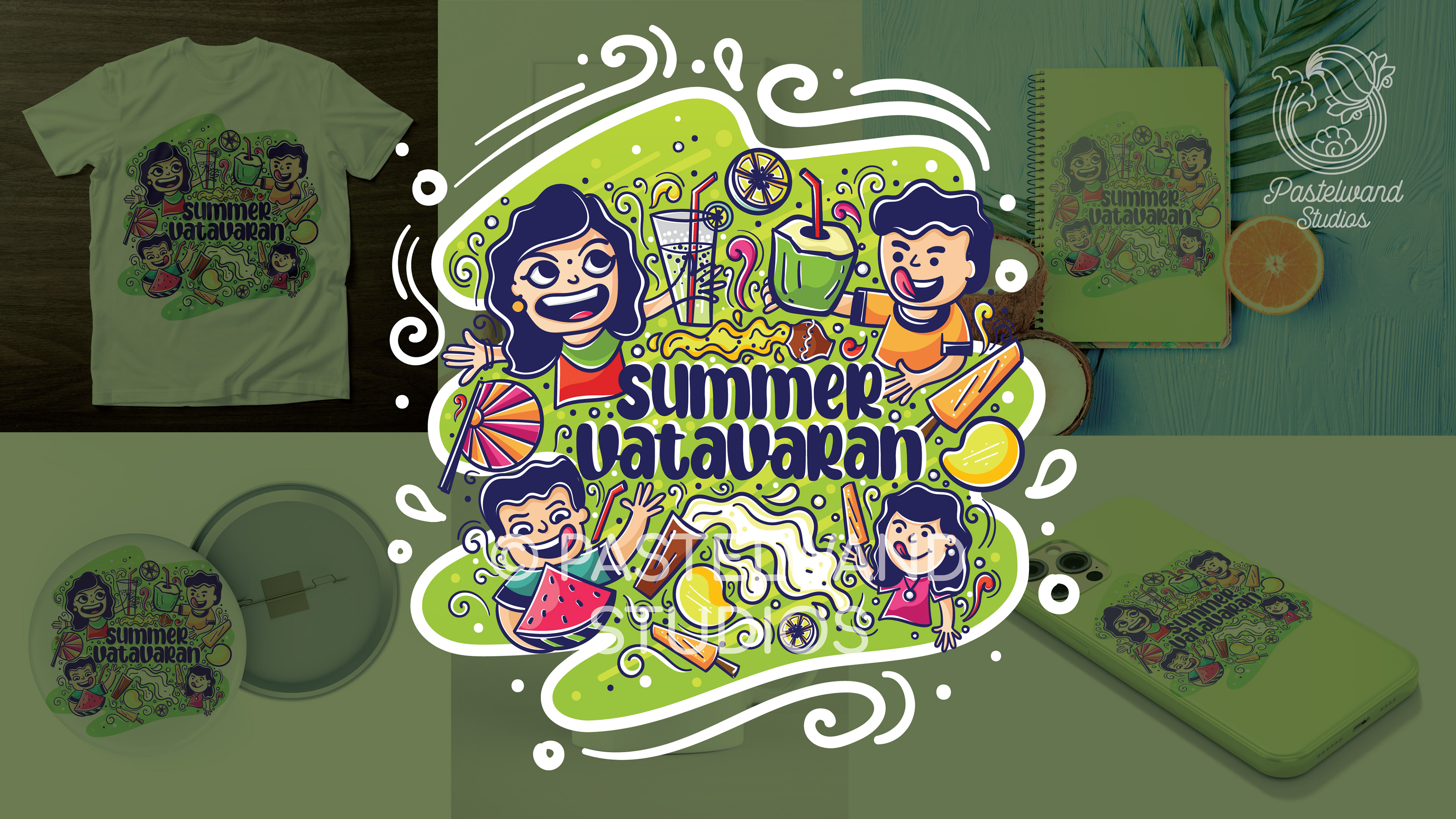 Summer nostalgia merchandise: Summer Vacation doodle artwork with children and mangoes on merchandise, illustration by Atma Studios