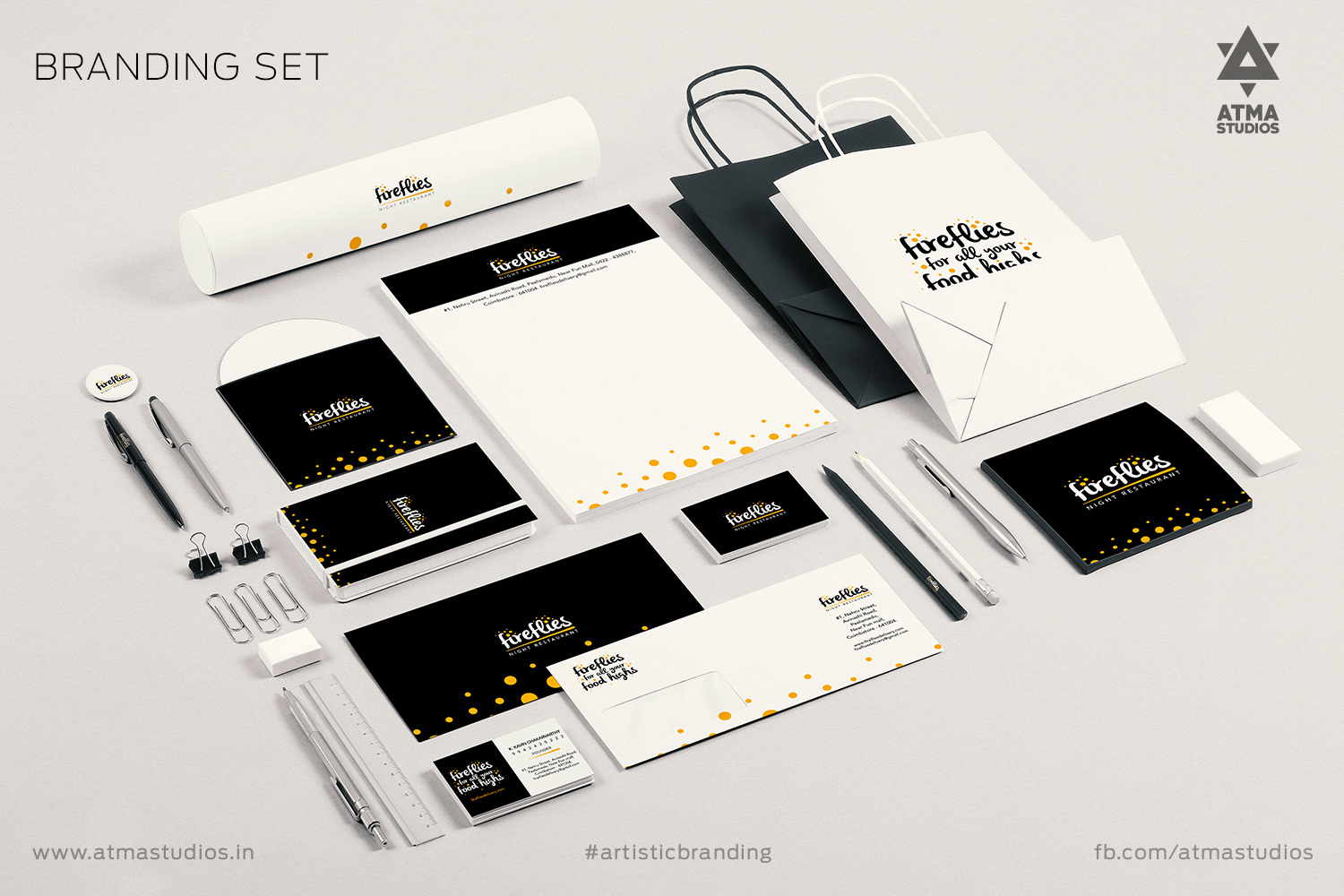 Fireflies complete branding set: stationery, carry bags and business cards