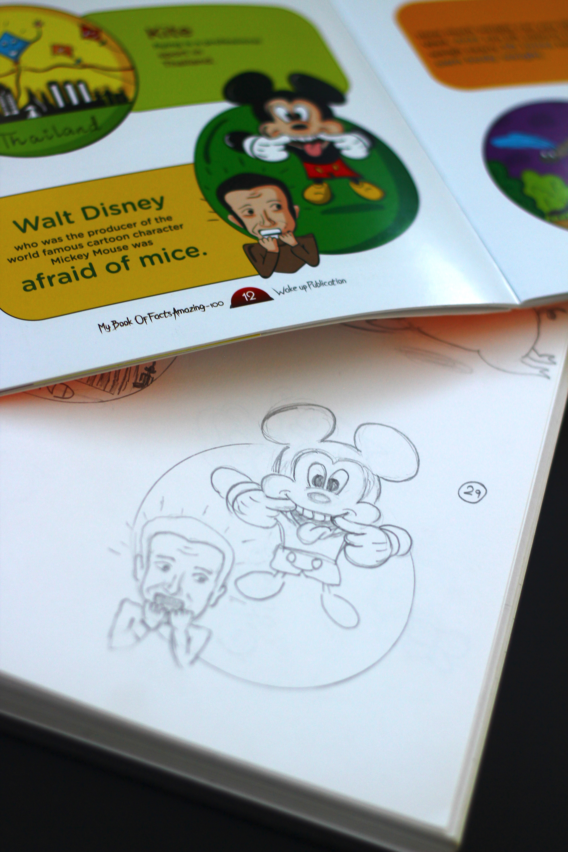 My Book of Facts, 100 amazing facts, pen to press: printed Walt Disney fact page over its pencil sketch