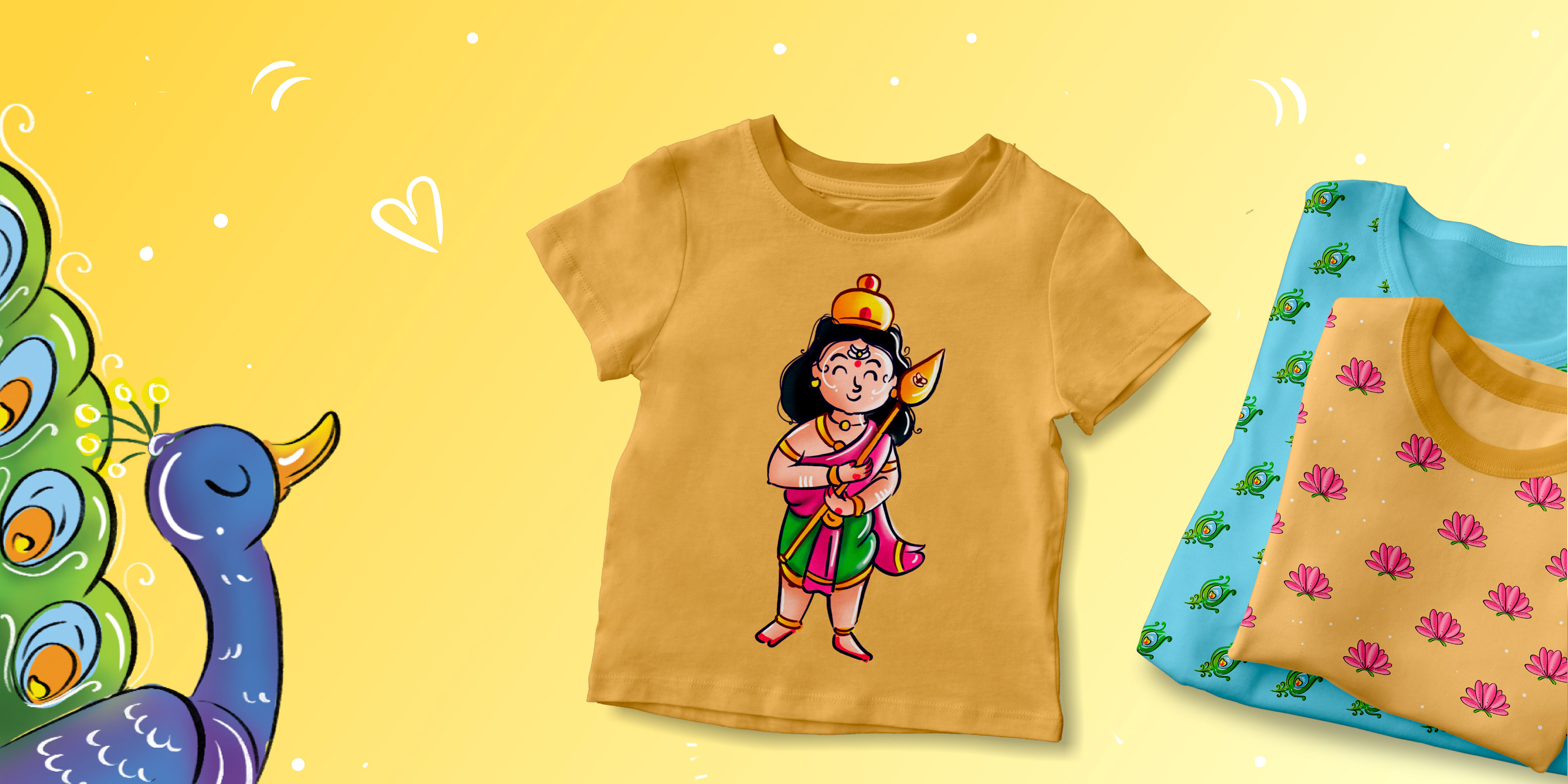 Kandha children's mythological story book on Lord Murugan: printed T-shirt and fabric with Murugan illustration
