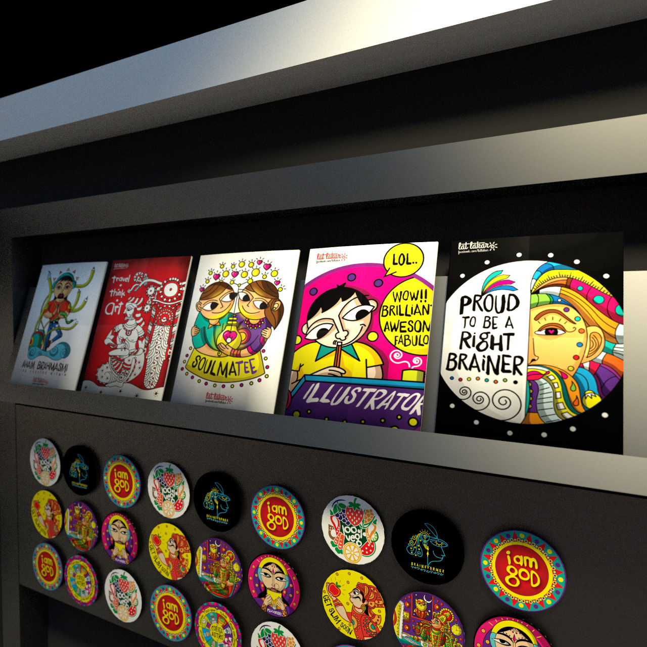 Lat Lakar Indian folk art merchandise: store shelves of posters and badges