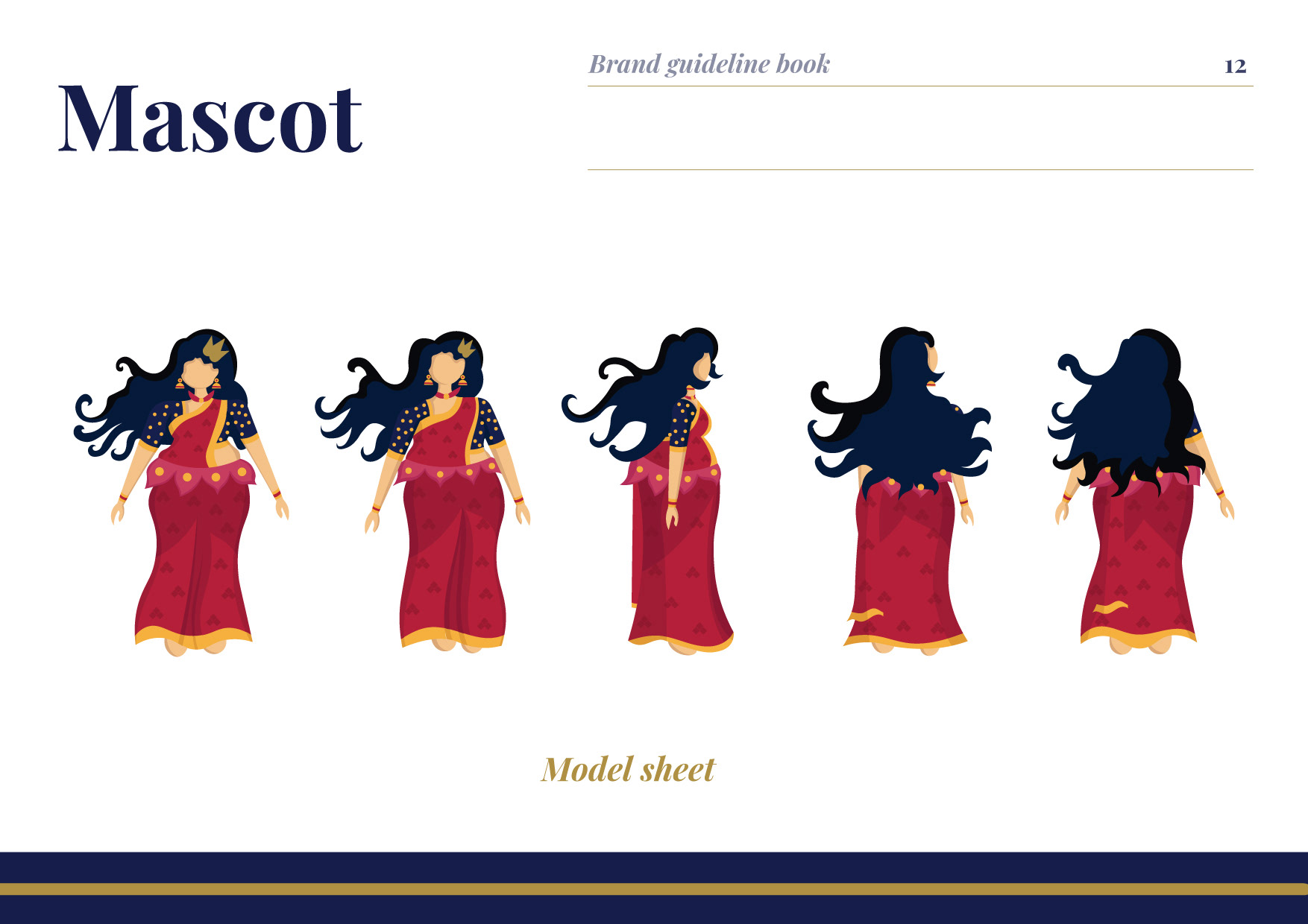 Nannadai Indian art clothing brand guideline book: mascot model sheet of a woman in a red sari