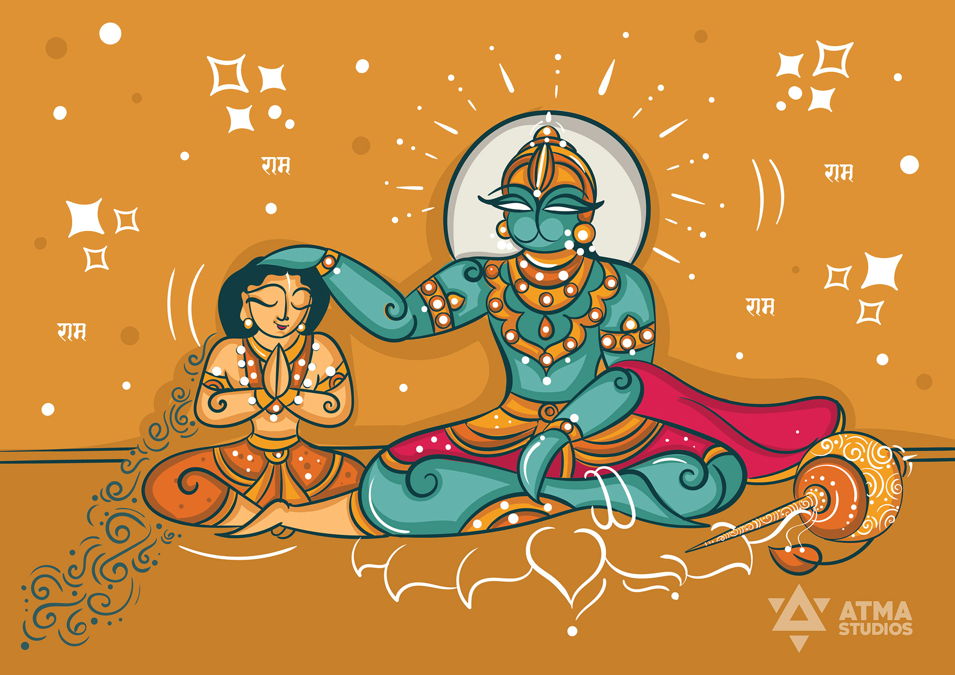 Hanuman Chalisa children's book: illustration of Hanuman bowing to Rama