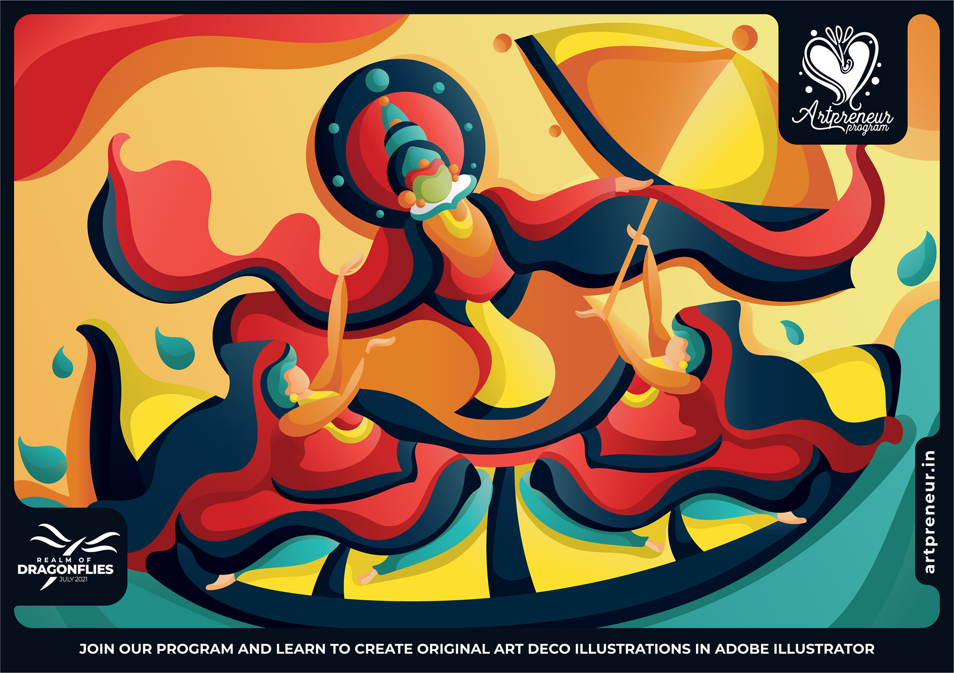 20 Art Deco flat illustrations: #11 Dancer with fiery ribbons