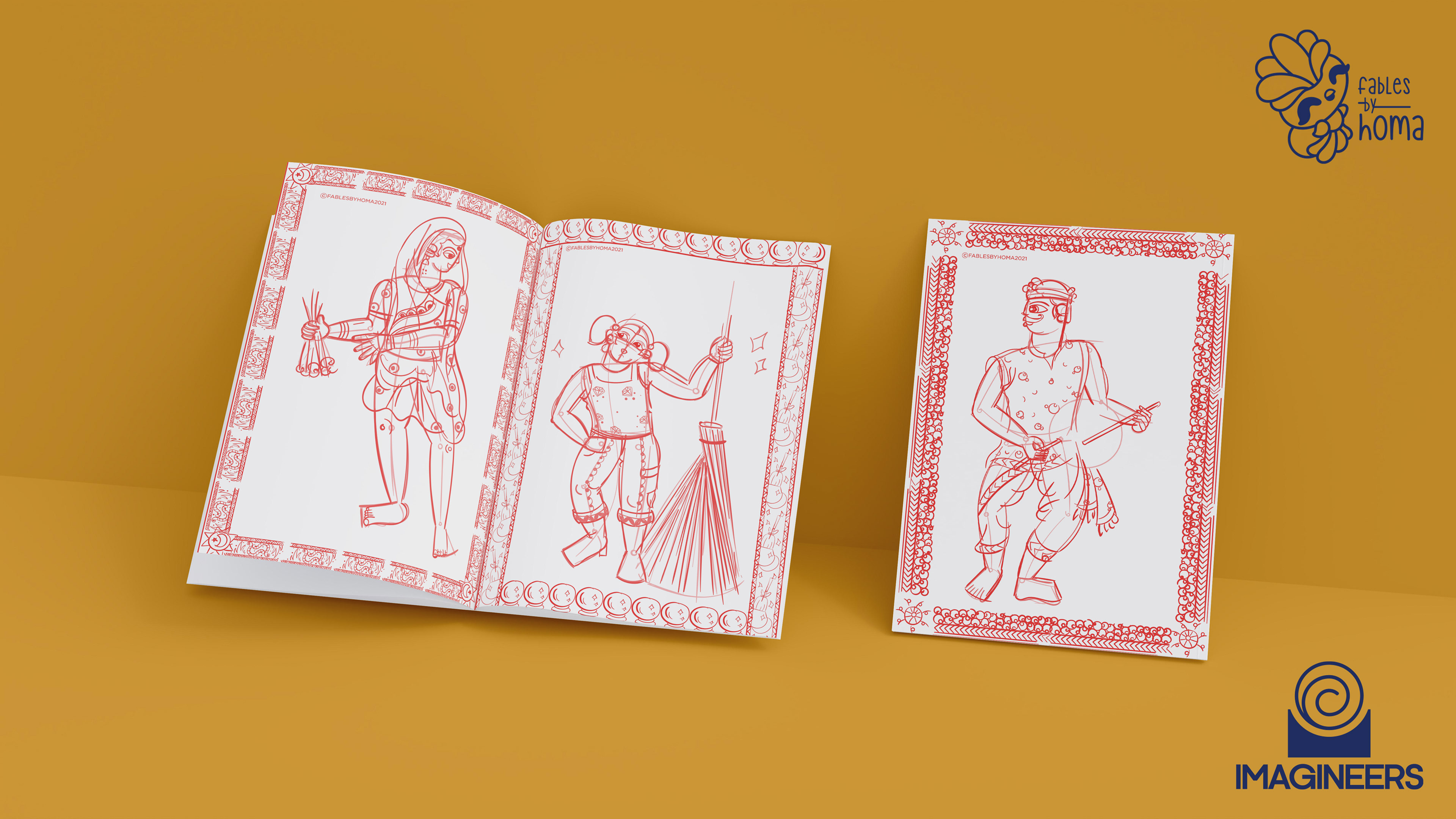 Epiphany Madhubani experimental illustrations: #32 Inked figure pages, spread 4