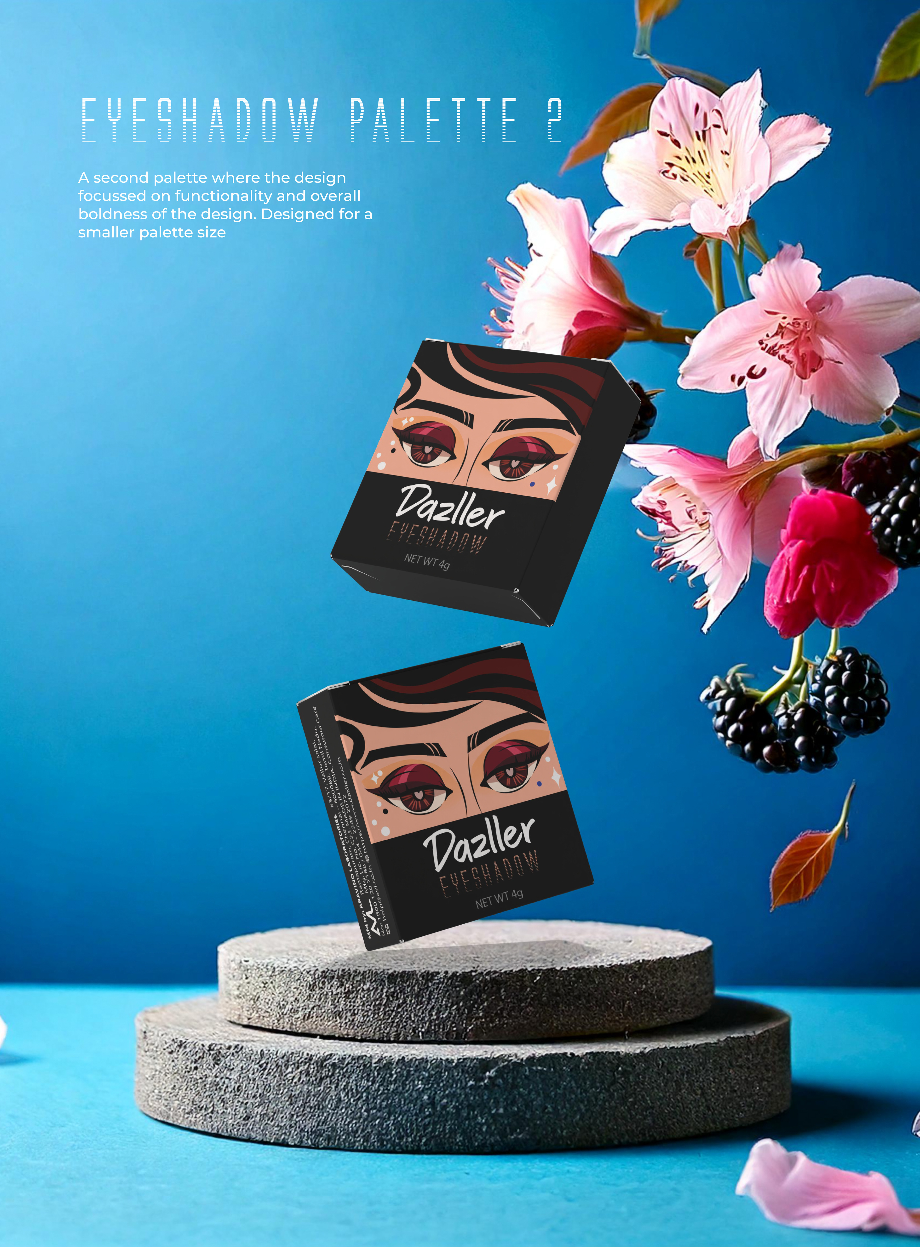 Dazller eyeshadow palette package design: eyeshadow palette 2 cartons floating among flowers on a stone podium