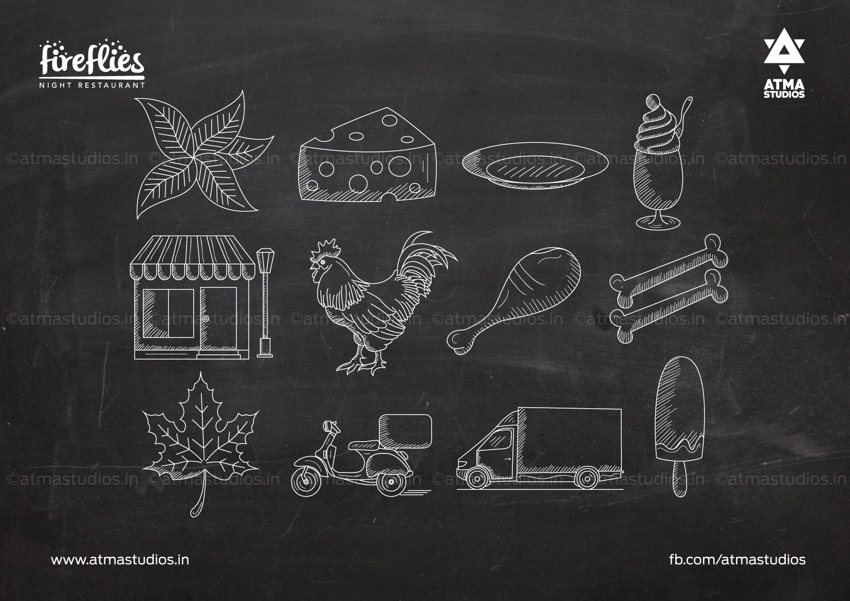 Fireflies chalk icon set: cheese, shop, rooster and delivery vehicles