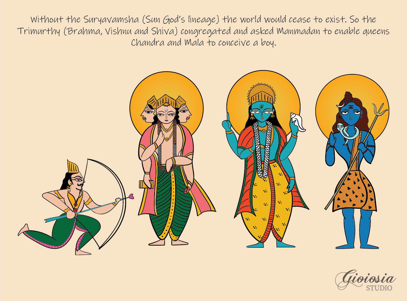 The Untold Story of Bhagiratha, illustrated mythological fiction: the gods Brahma, Vishnu and Shiva with an archer