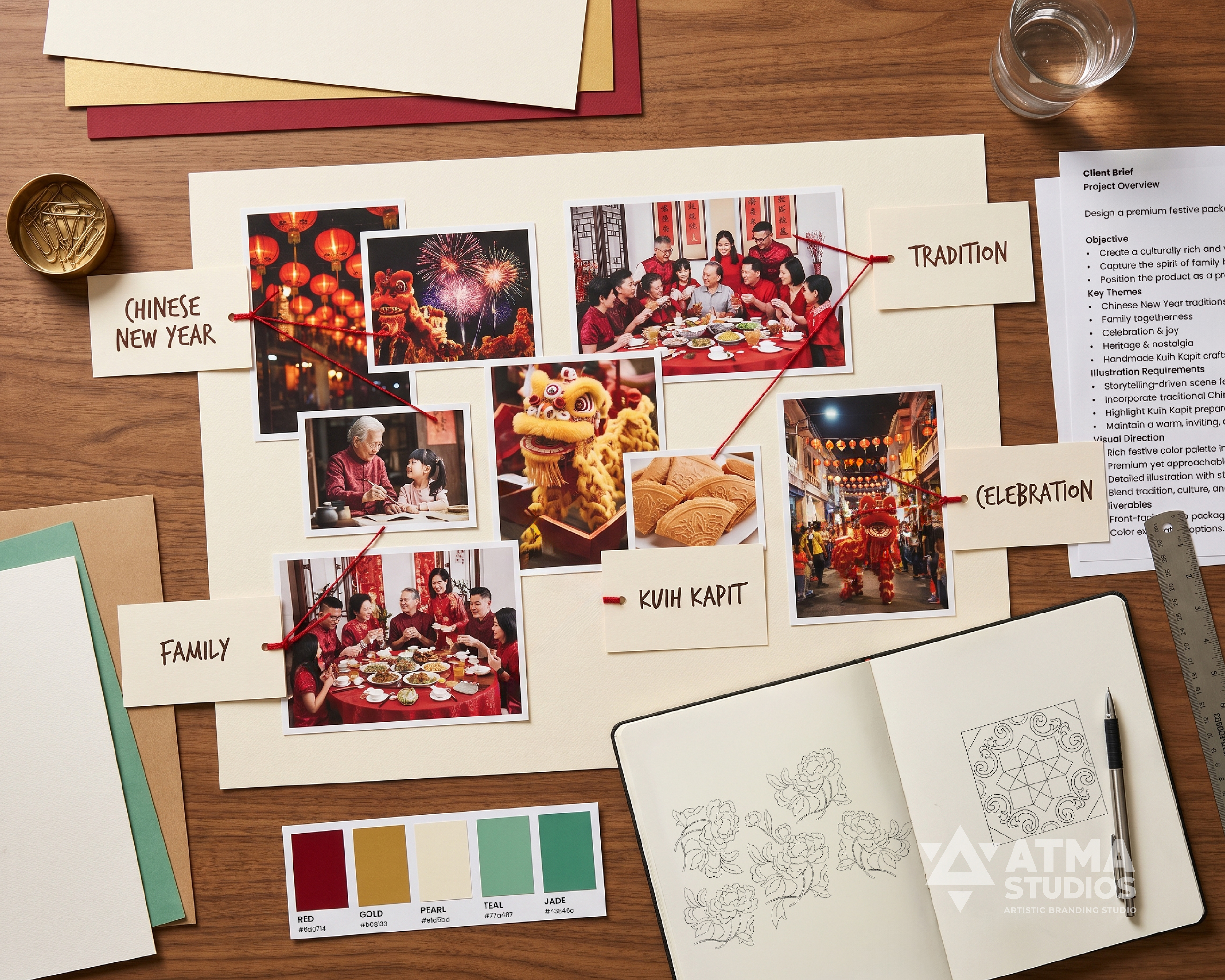 Peridot Chinese New Year Kuih Kapit gift box package design: research moodboard of Chinese New Year family traditions and colour swatches