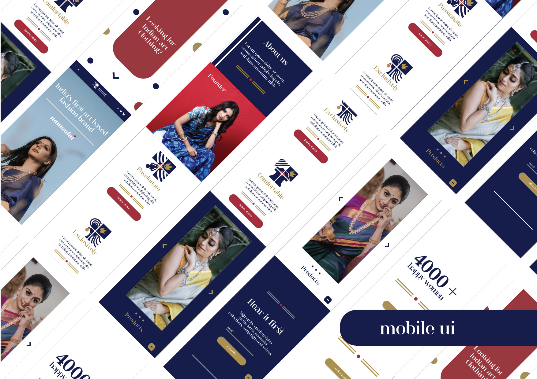 Nannadai Indian art clothing brand guideline book: mobile UI screens