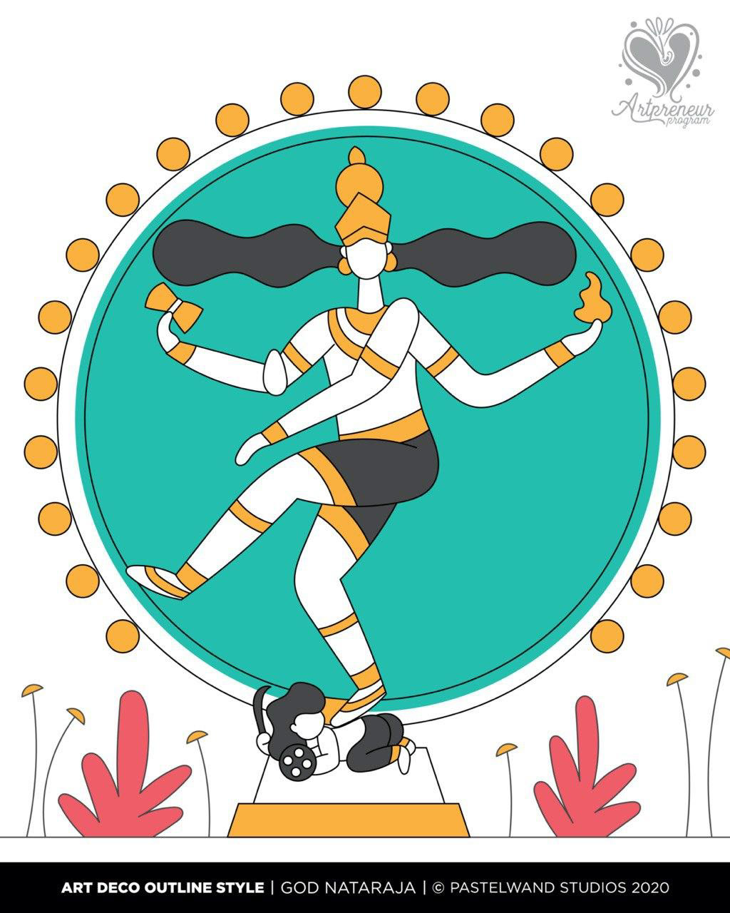 12 dimensions of Shiva in Art Deco outline style: #5 Nataraja, the cosmic dancer