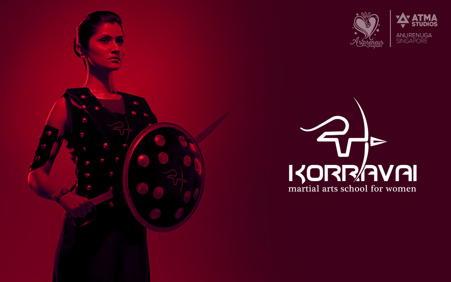 Korravai martial arts school for women brand identity: woman warrior with a shield beside the logo